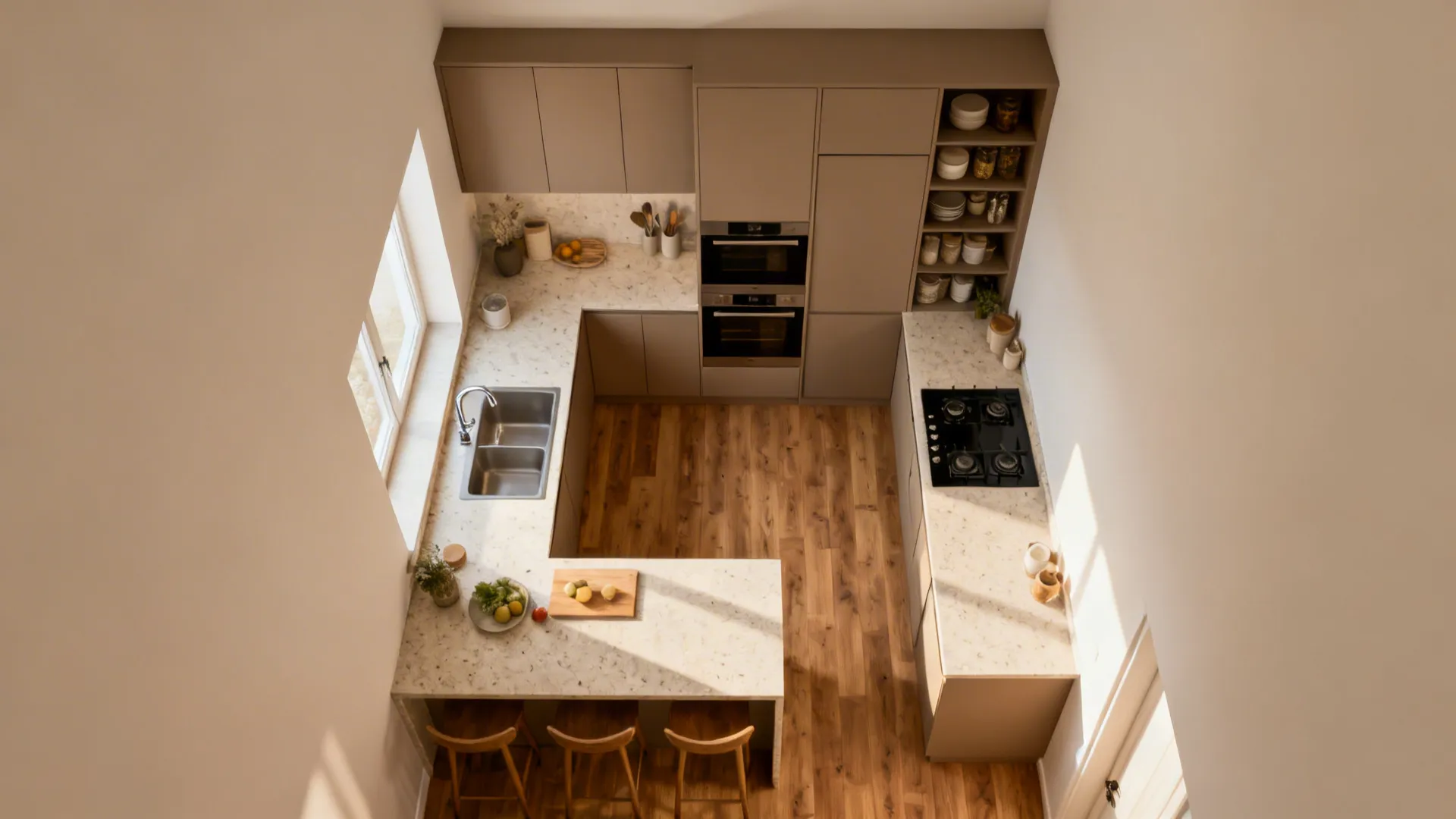Top-down L-shaped kitchen zoning with a tall pantry anchor and clear prep and cook zones.