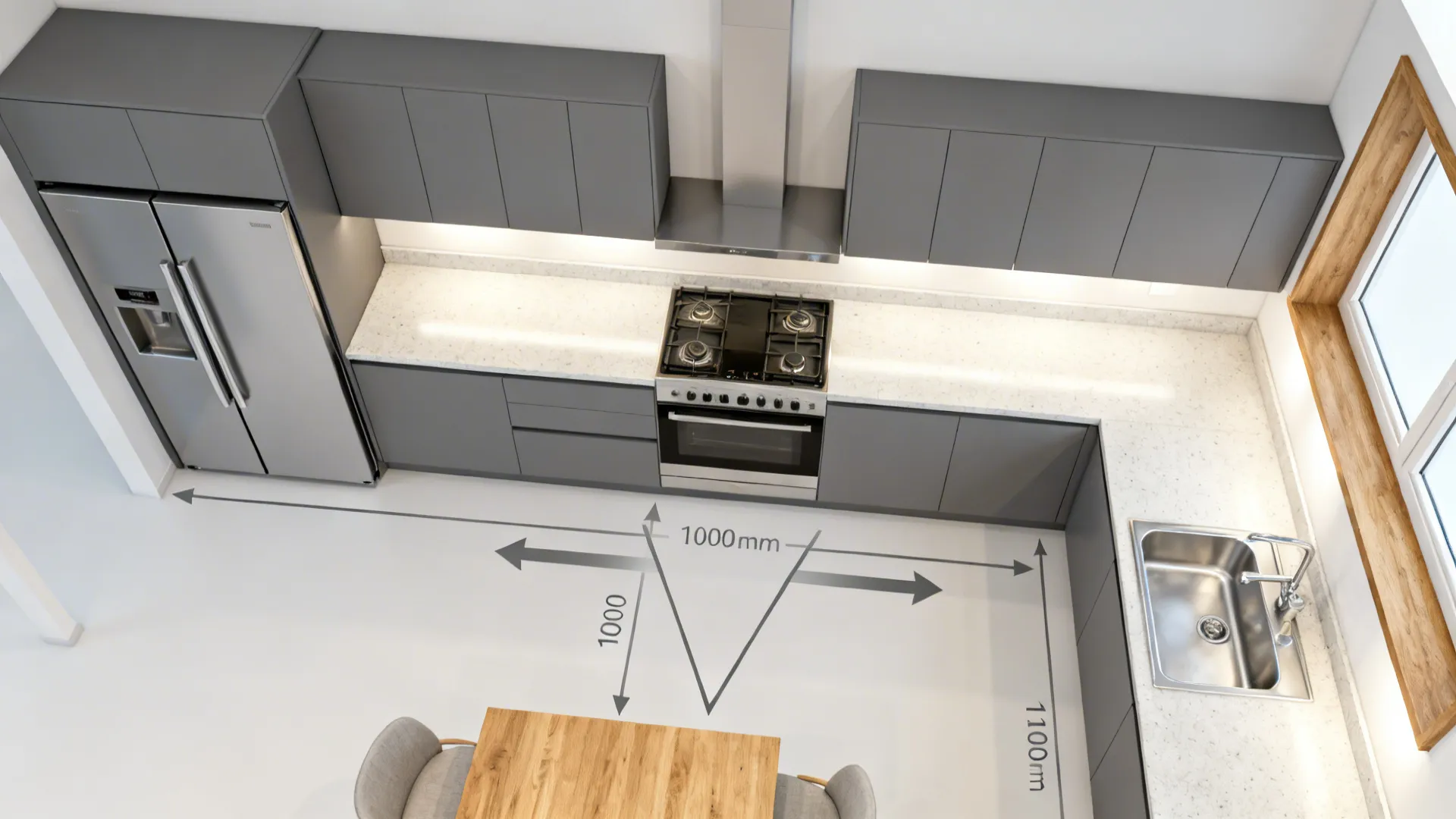 Top-down galley layout showing fridge, sink, and cooktop forming a cross-aisle triangle.