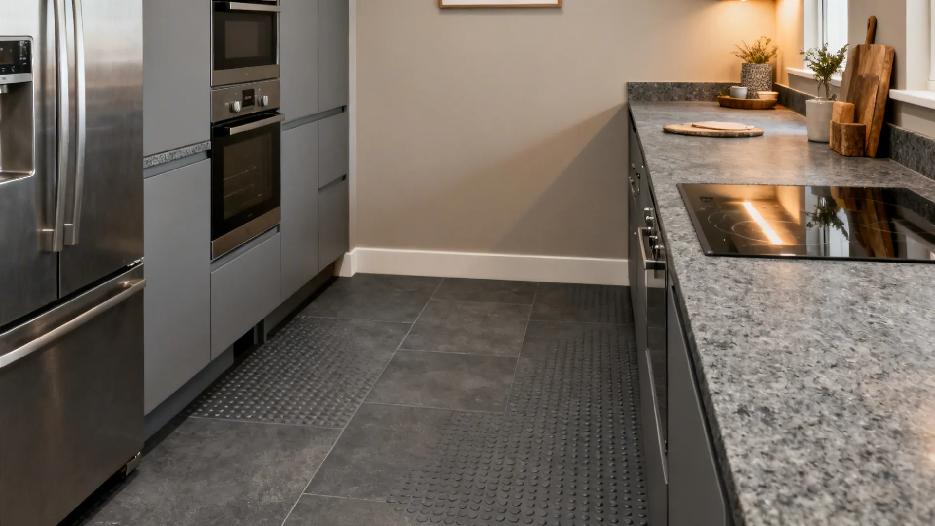 Family-friendly gray kitchen with leathered granite counters and Kota stone flooring.