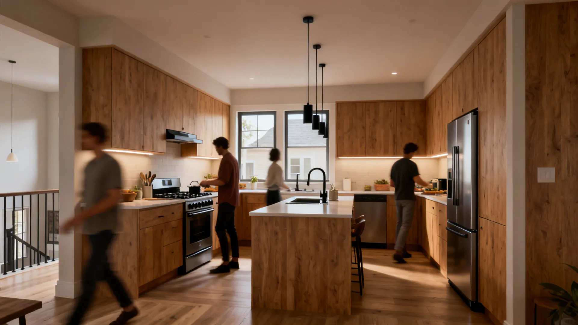 L-shaped kitchen showing stove, sink, and fridge forming an efficient working triangle.