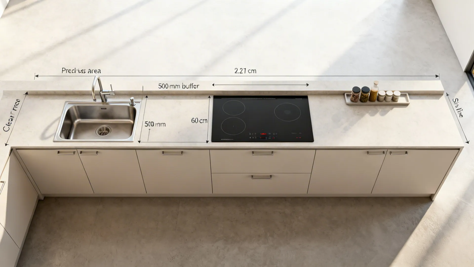 Interior design drawing showing kitchen counter layout with measurements for sink cooktop and white cabinets