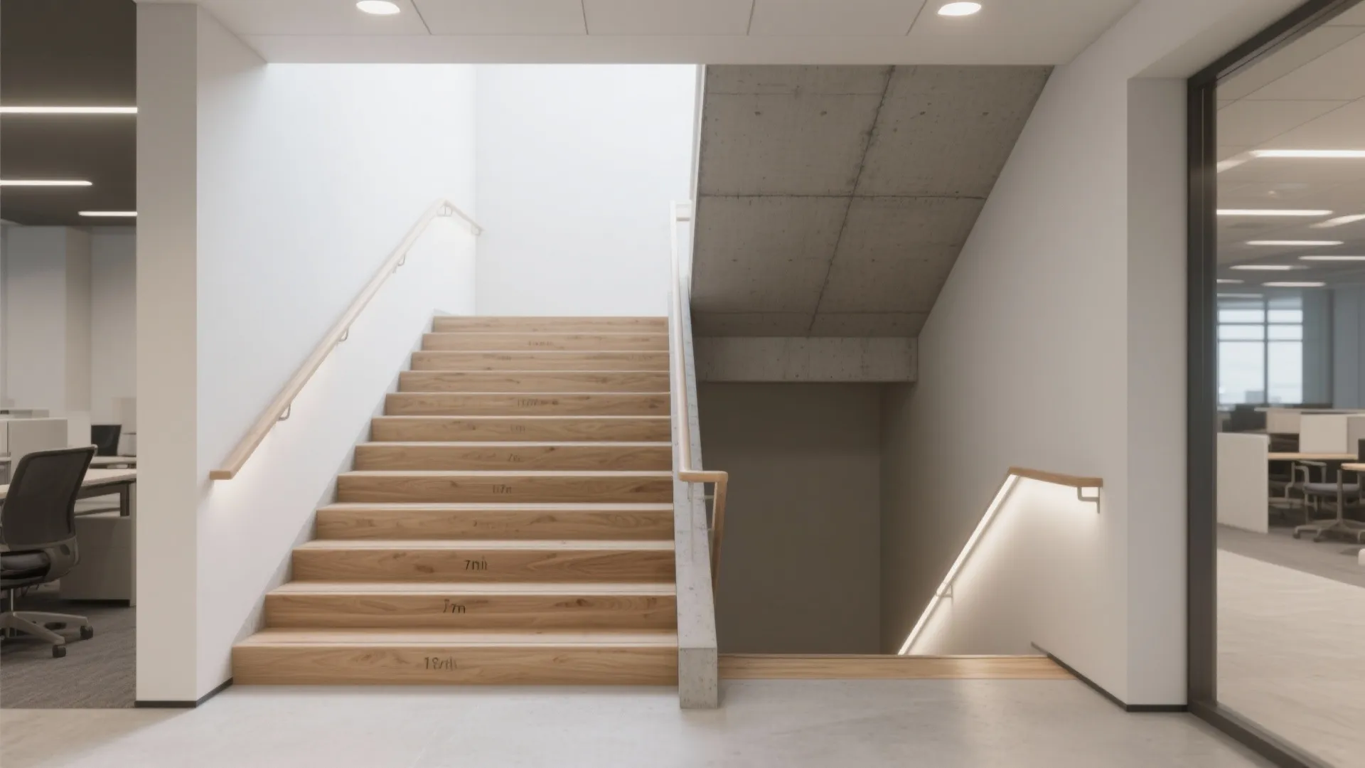 Modern office staircase with wooden steps white walls lighted handrails open workspace and office chairs