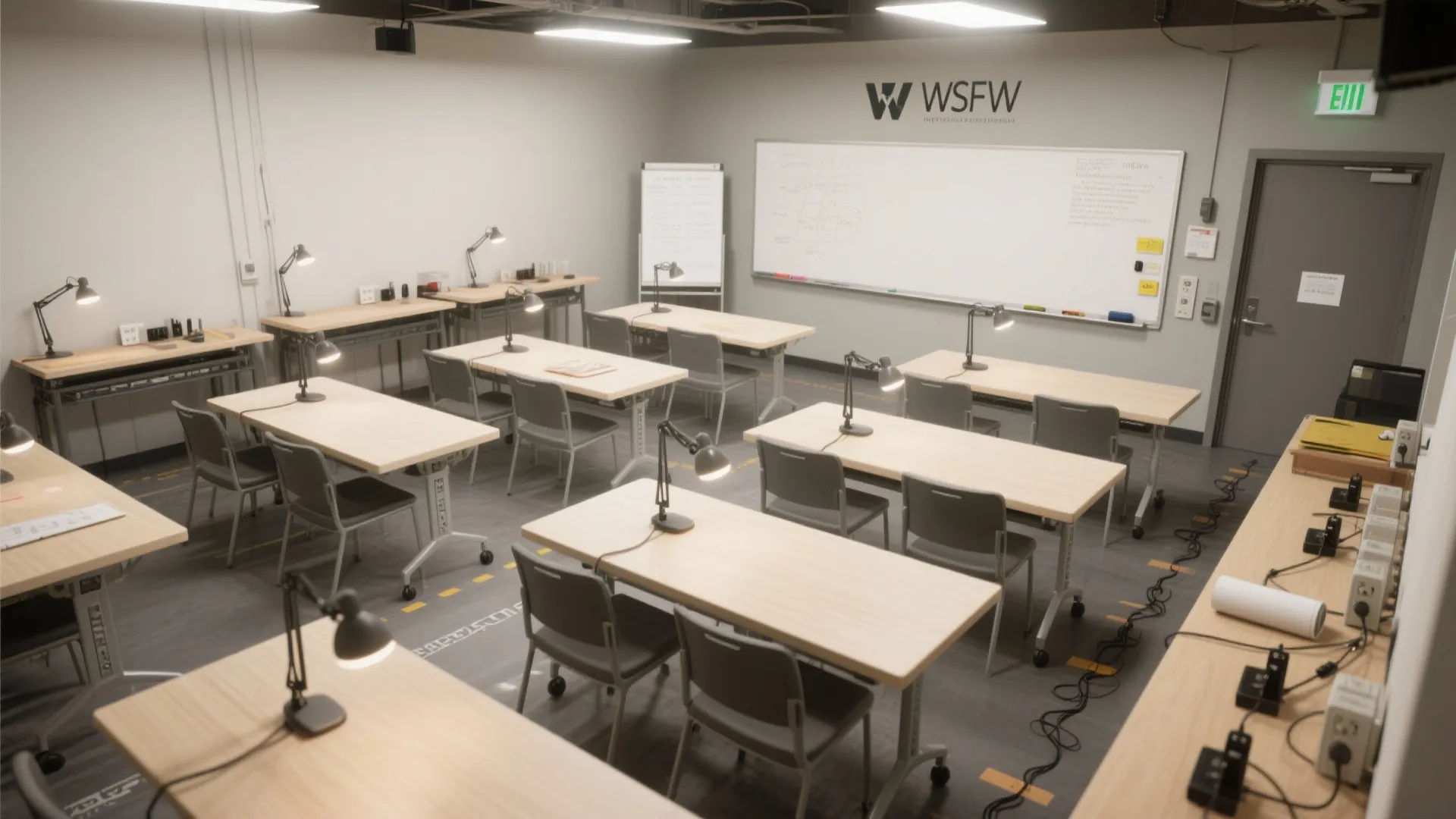 Top-down view of a workshop-ready classroom with roll-out tables, power strips, and bright task lighting.