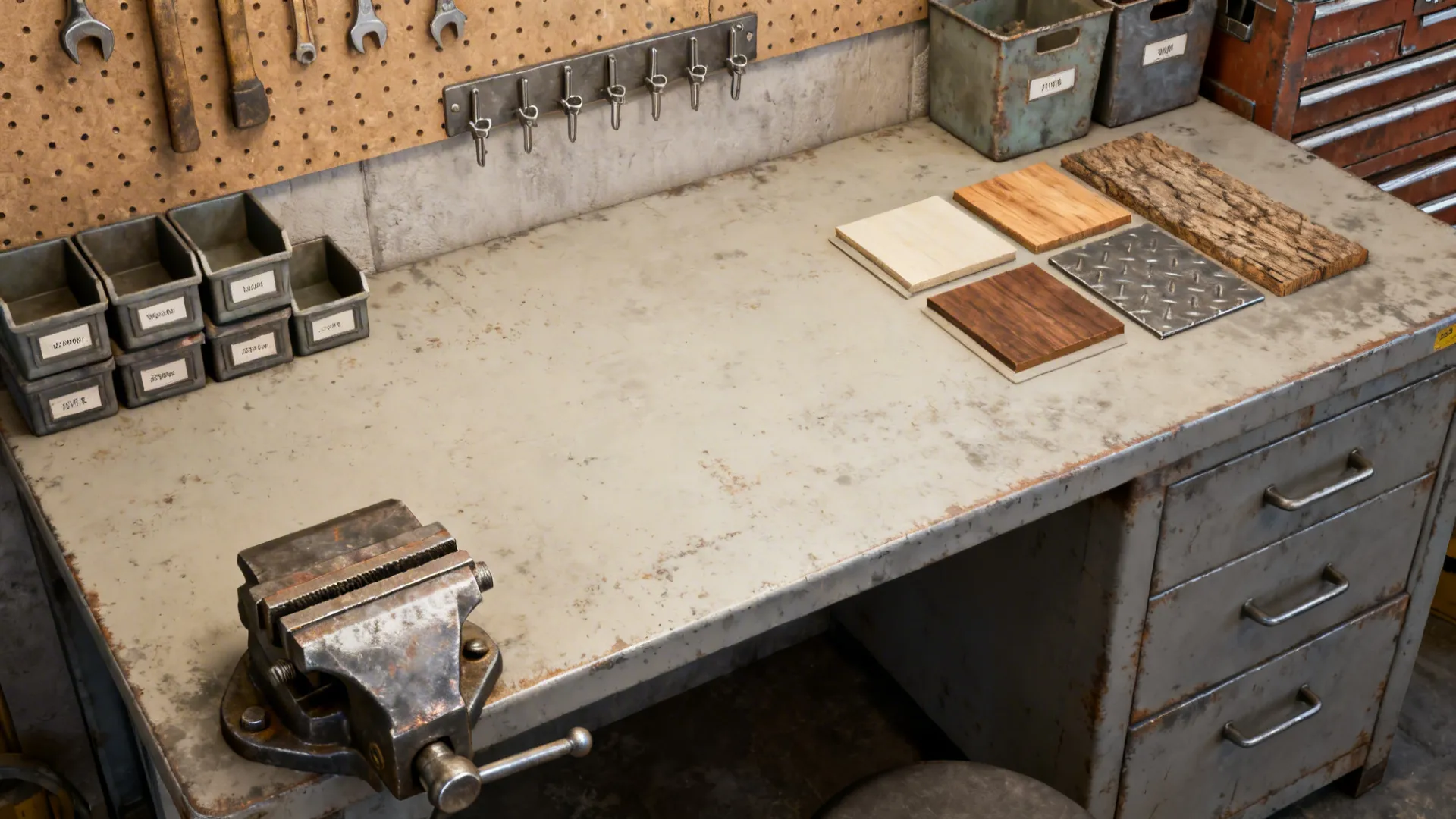 Top-down flatlay of workshop desk materials: vices, pegboard pieces, replaceable tops and tool chest elements.