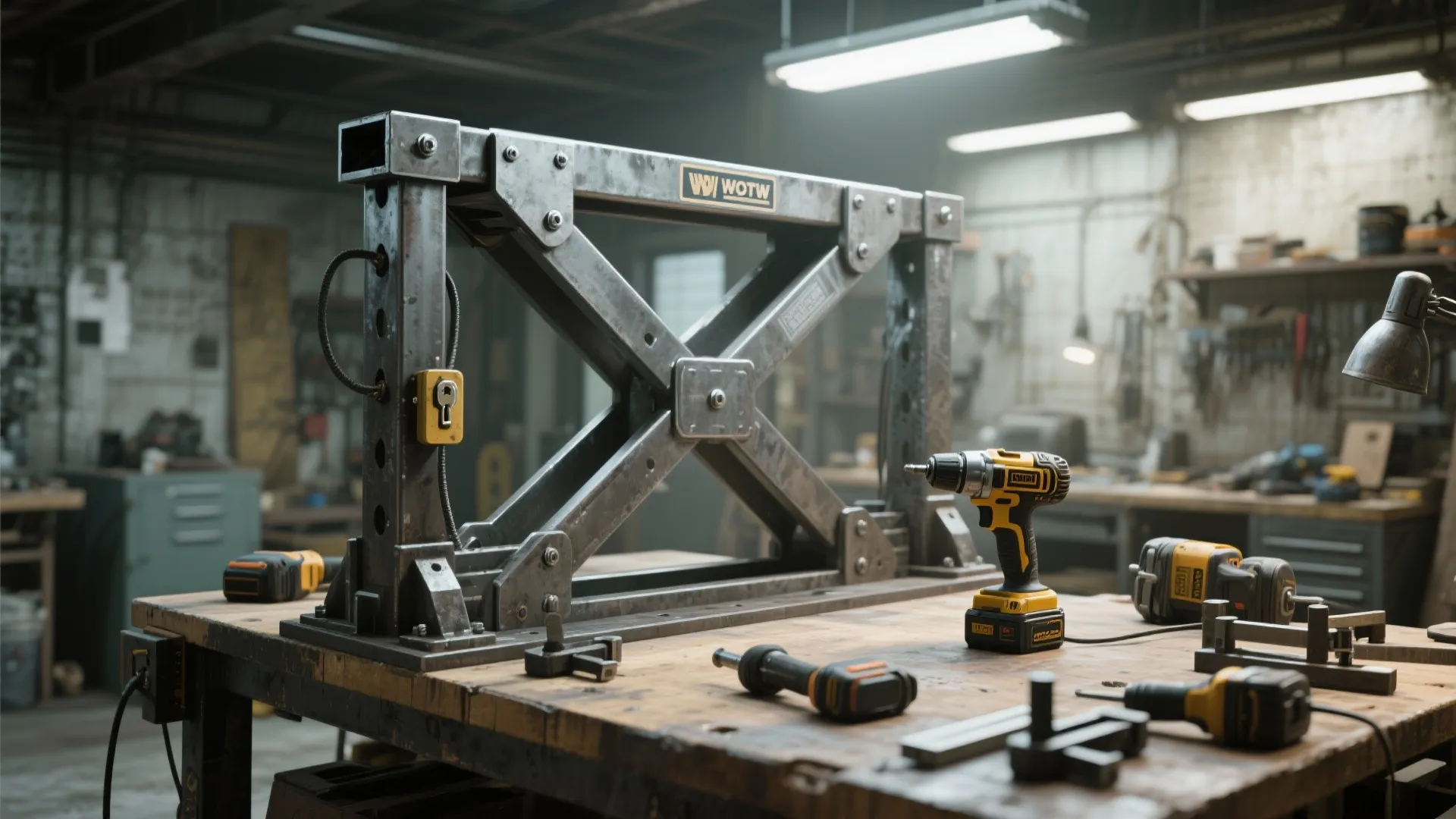 Heavy-duty scissor lift table in a makerspace with thick steel arms and power tools on the top.