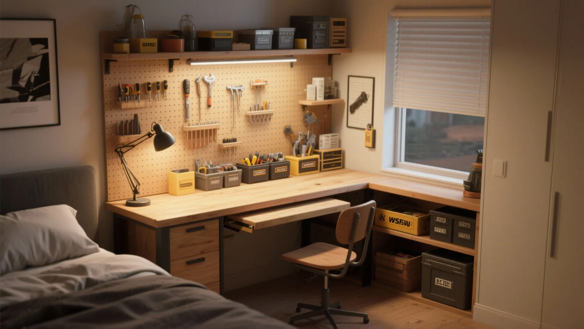 Compact workshop nook with slim workbench, pegboard and task lighting in a bedroom corner.