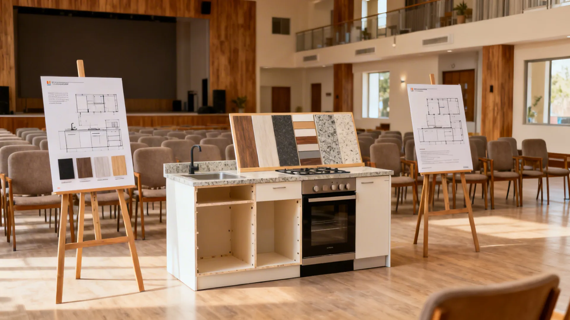 Community workshop with a kitchen carcass mockup and material samples arranged for homeowners.