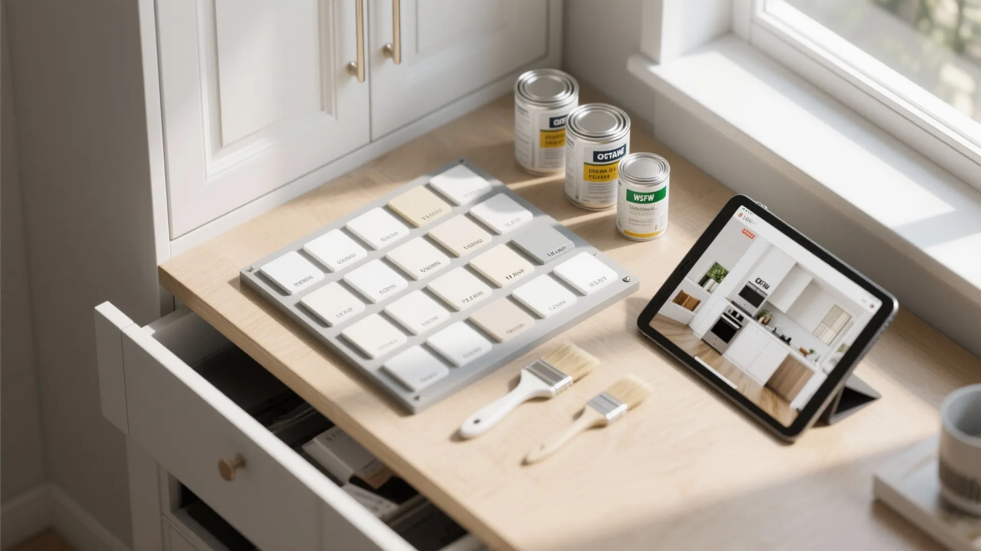 Wooden workspace with material color samples, two paint brushes, paint cans, and a kitchen design