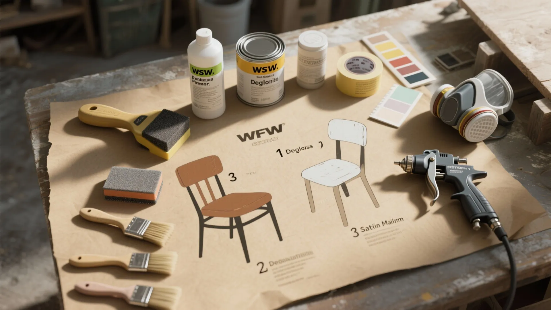 Furniture painting workshop table with brushes paint cans spray gun and chair restoration design plan paper