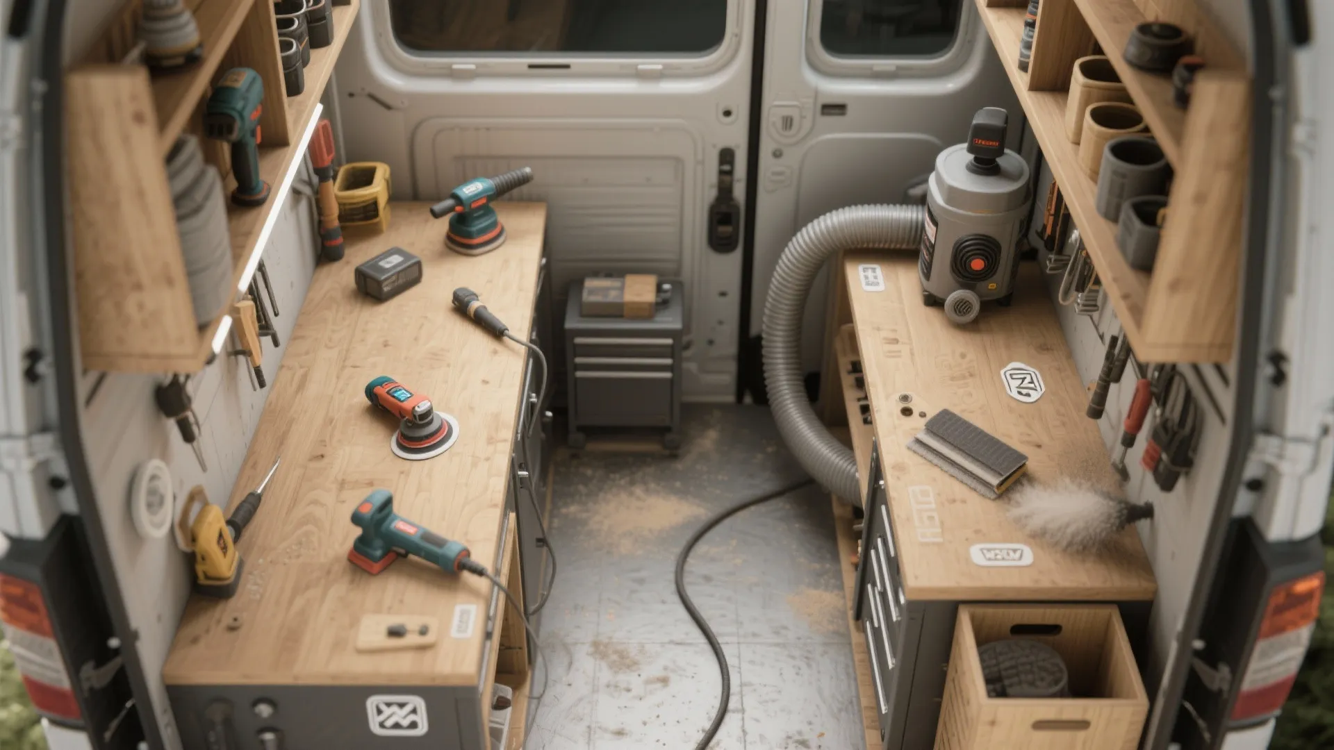 Interior of a mobile workshop van with wooden workbenches and various electric power tools organized
