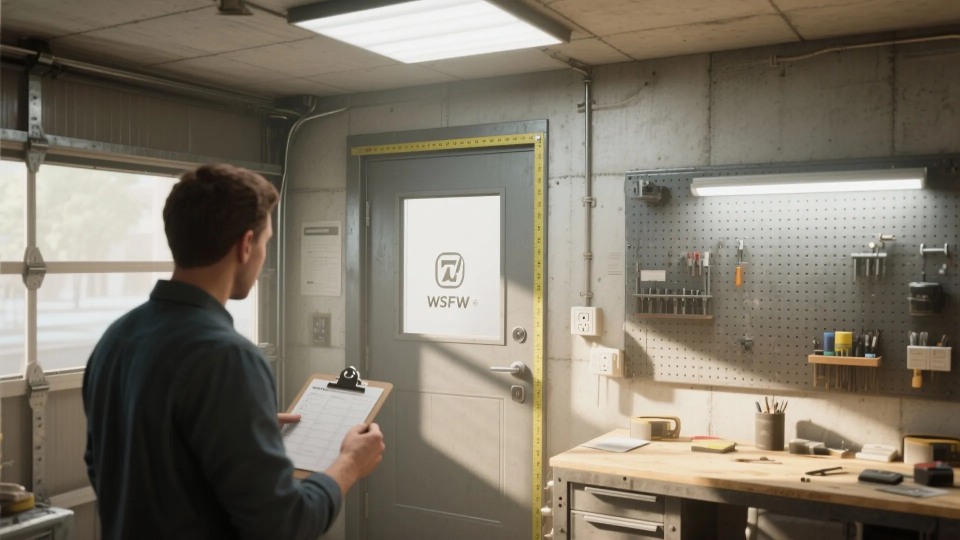 Man holding clipboard inside workshop with pegboard tools workbench gray door and ceiling light fixture