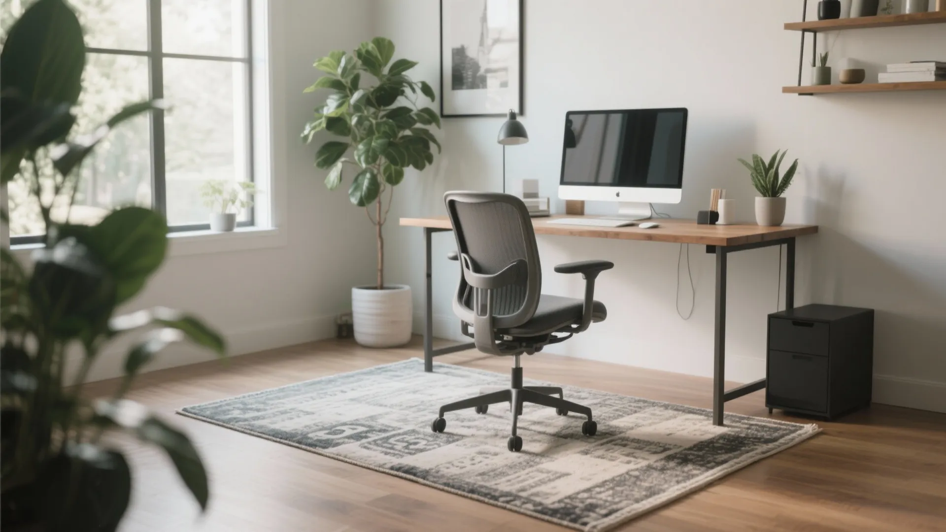 Workspace with desk and chair on a neutral 5x7 rug