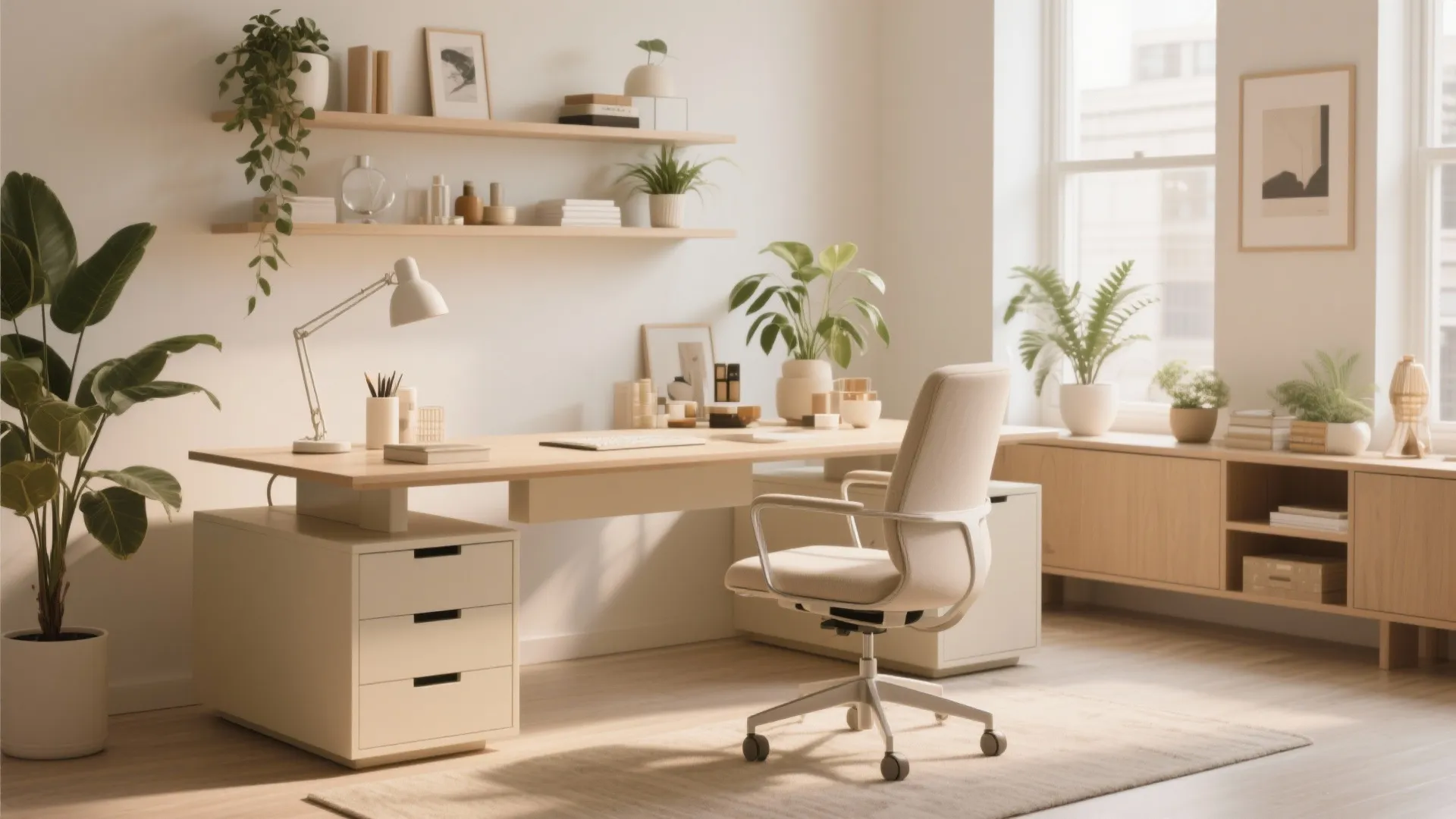 Large wooden desk with white chair, green plants, wall shelves, and a bright window view