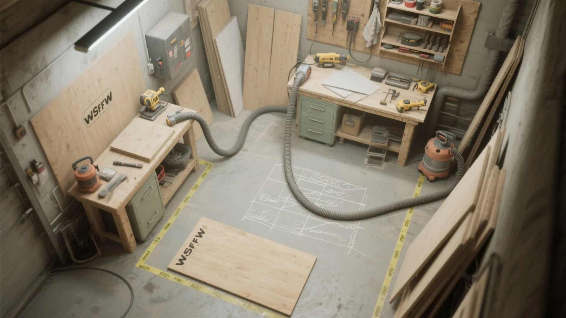 Well organized woodworking workshop with tools on wooden workbenches and a floor plan drawn on floor
