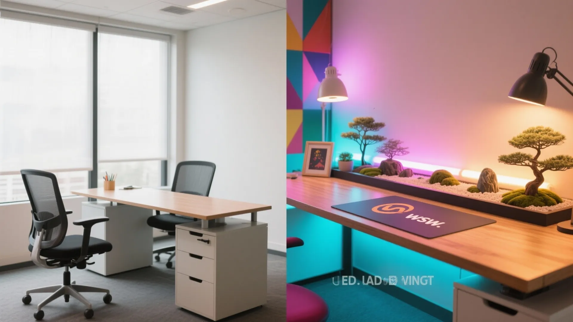 Before and after comparison of a plain white office desk versus a colorful modern workspace setup