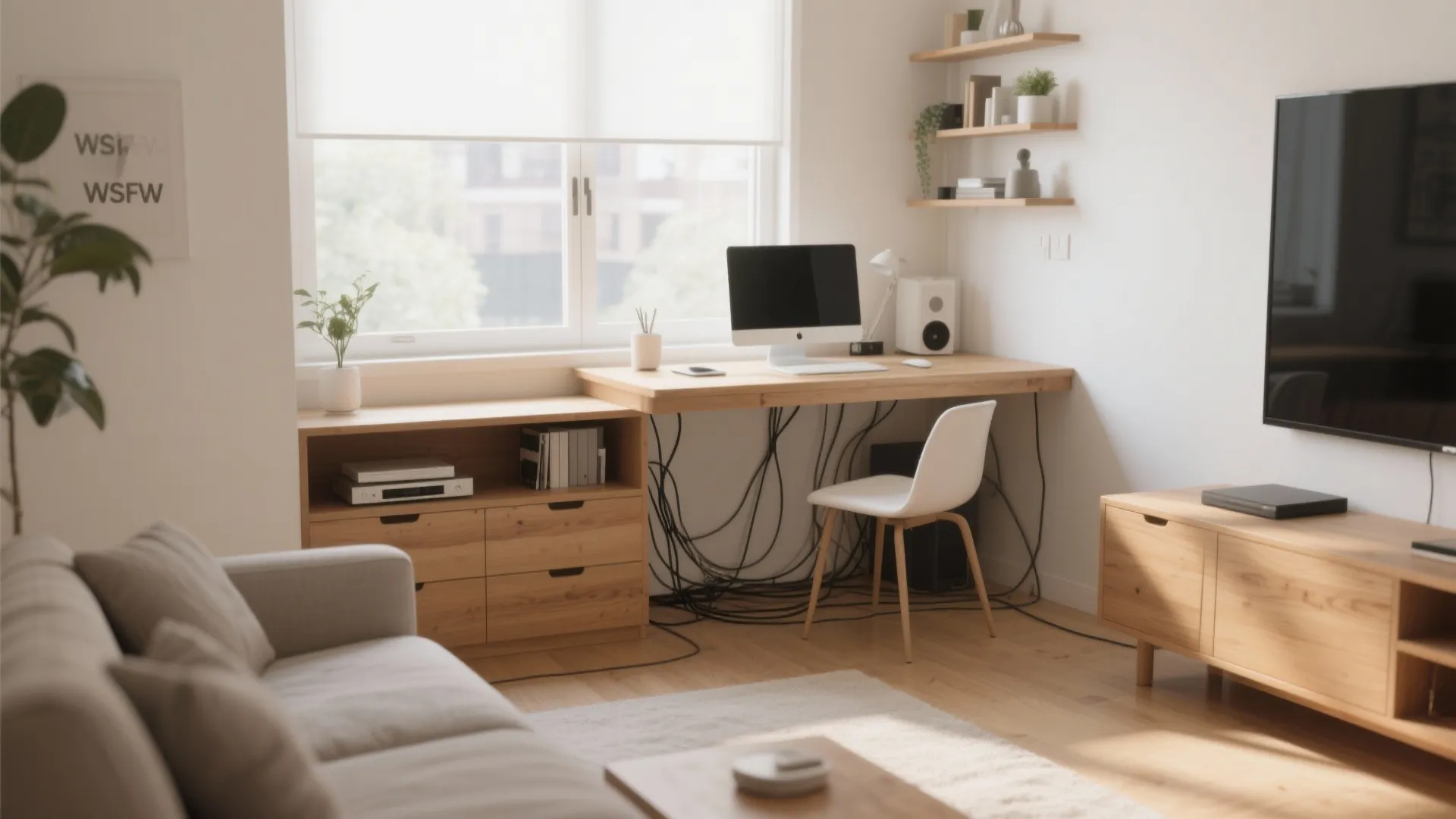 Modern home office with wooden desk computer white chair wall shelves and natural light from window