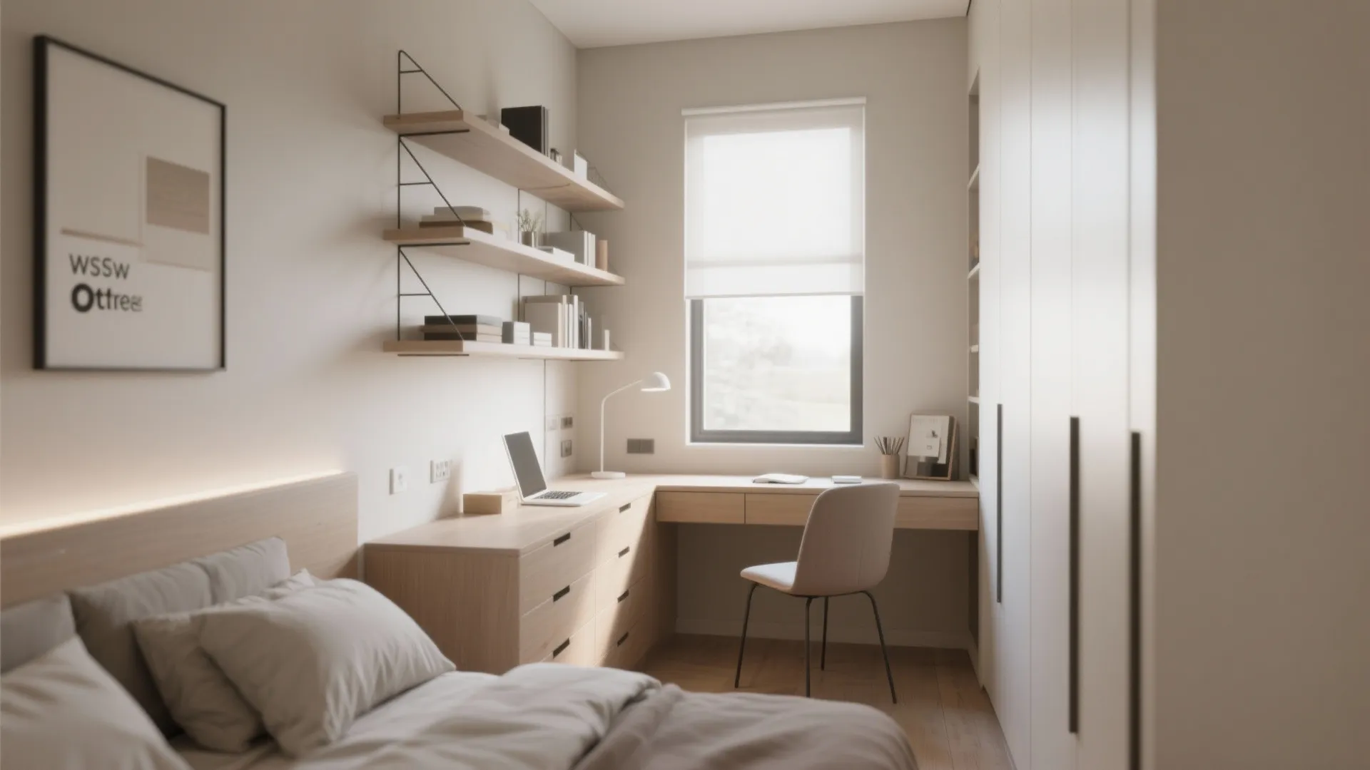 Compact workspace nook in bedroom with wall shelves