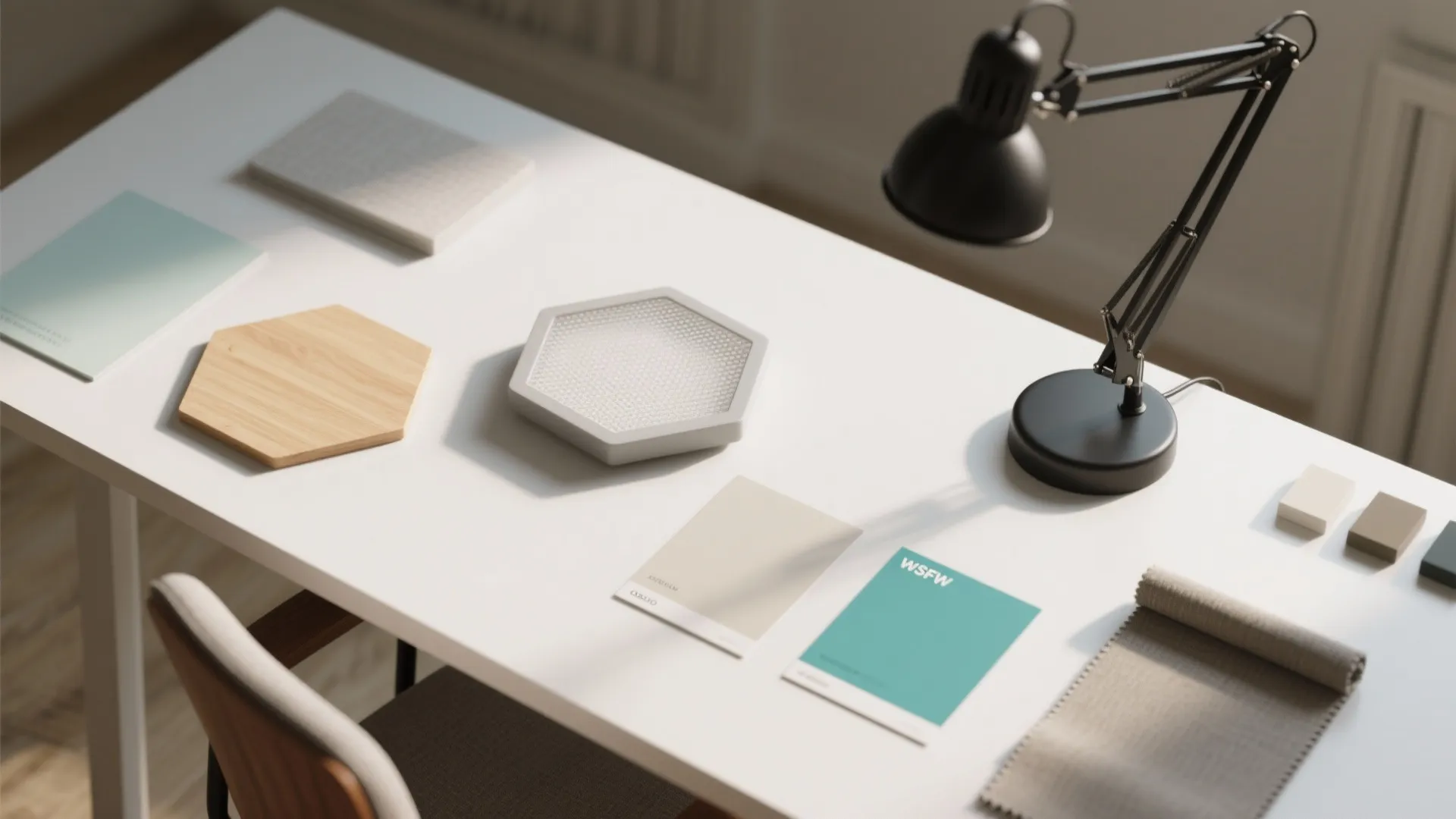 Flat lay of neutral and teal materials including hexagon diffuser, wood, paint chips, and lamp finish.