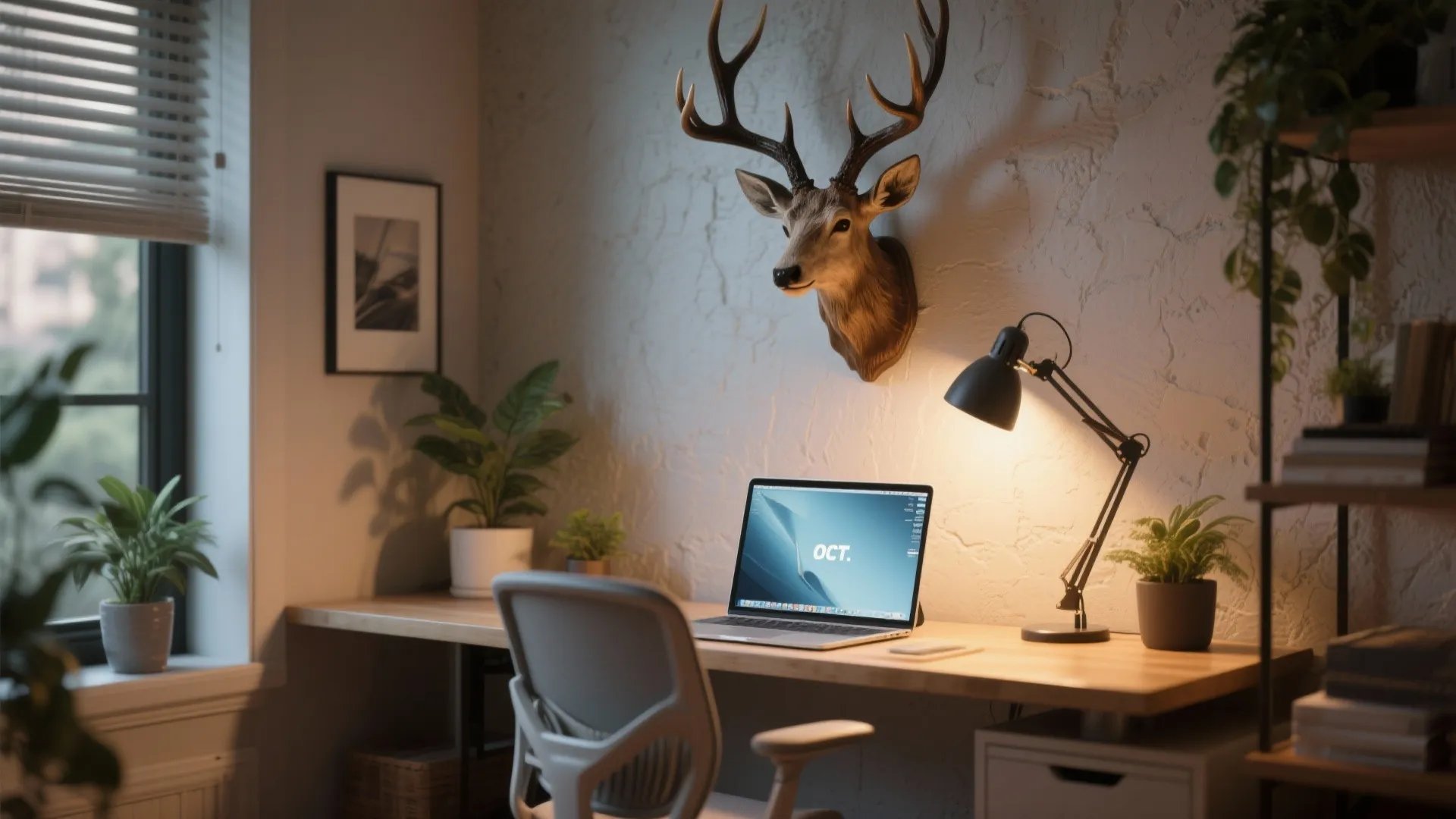 Small home office with a stag head sconce mounted above the laptop providing focused task light.