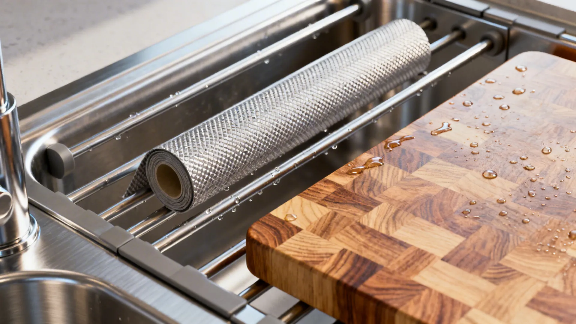 Macro detail of roll-up rack and wood cutting board on a stainless workstation sink rail.