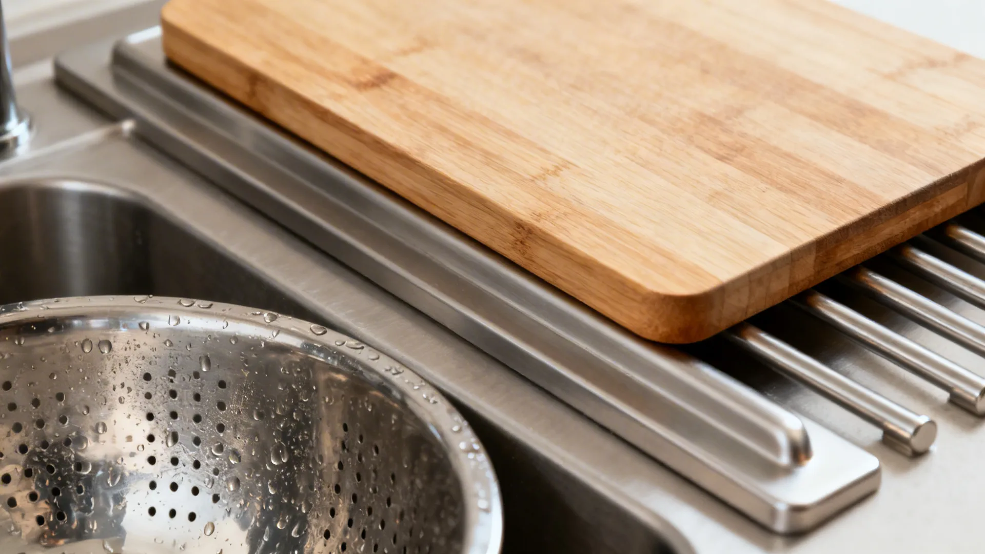 Wooden cutting board placed over a stainless steel kitchen sink next to a metal washing bowl