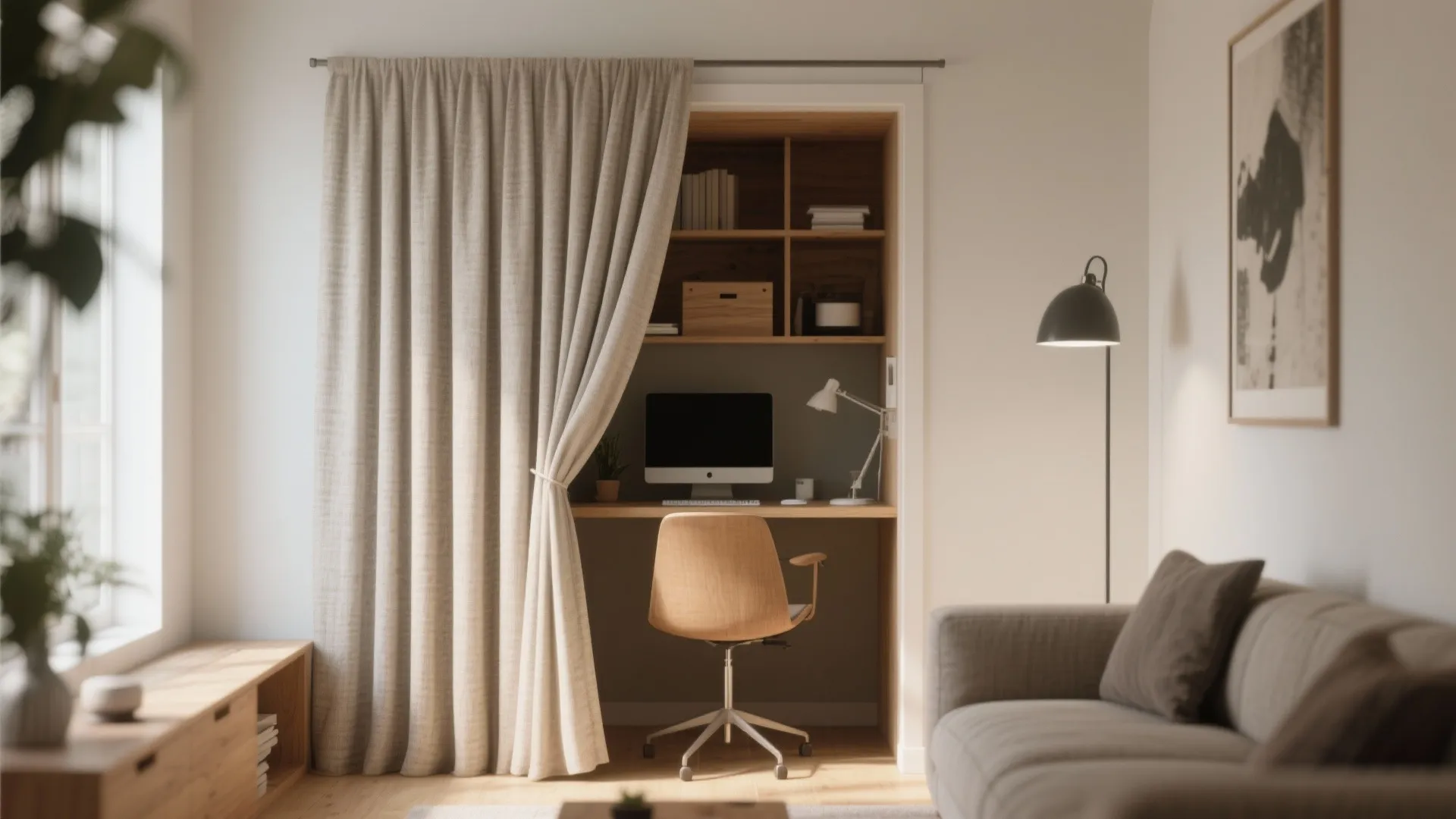 Small home office hidden behind a beige curtain next to a sofa in a living