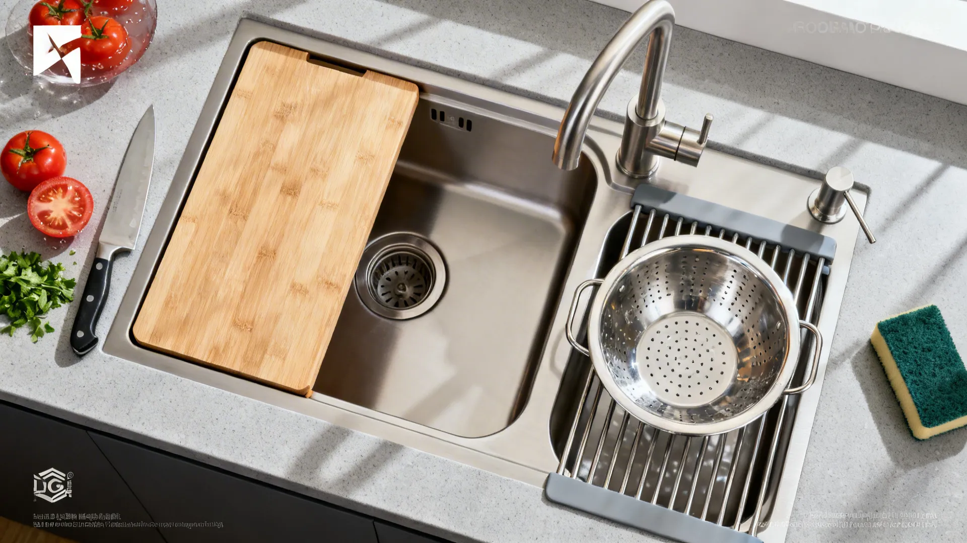 Top-down workstation double sink with ledges, board, colander, and roll-up rack in use.