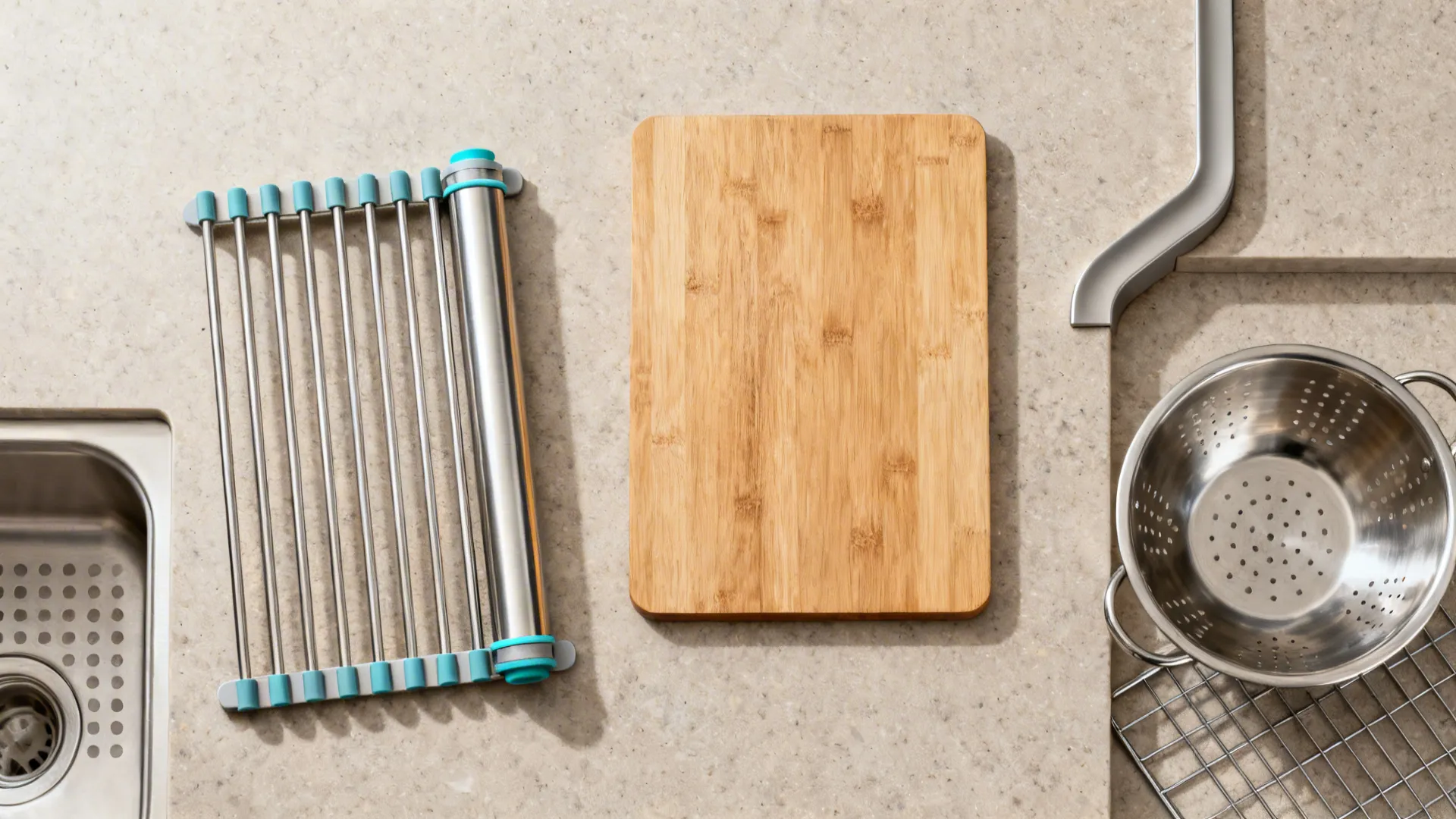 Flat lay of workstation sink accessories on quartz: cutting board, roll-up rack, colander, and basin grid.