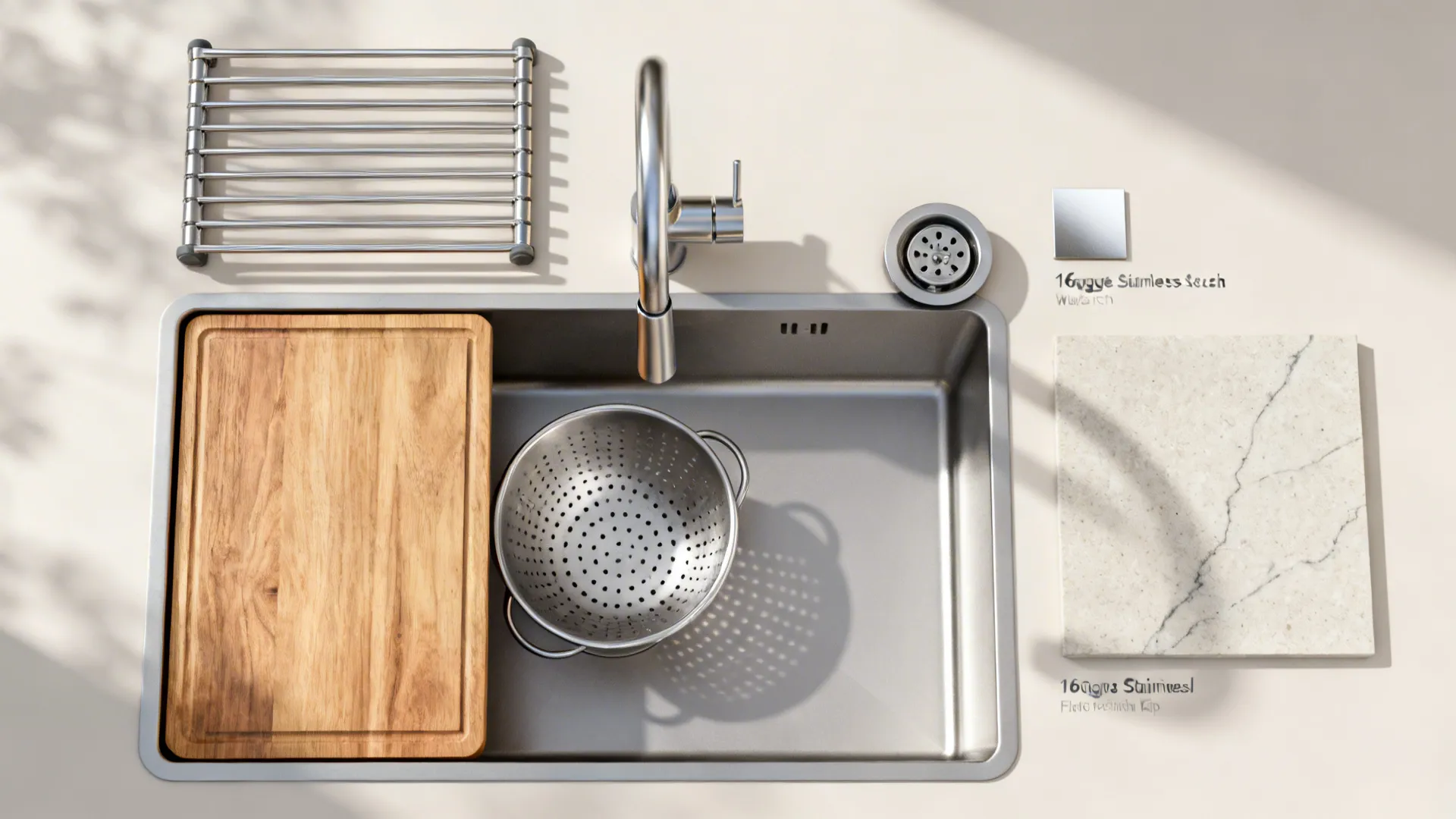 Top view of stainless steel kitchen sink featuring wooden cutting board strainer drying rack and samples