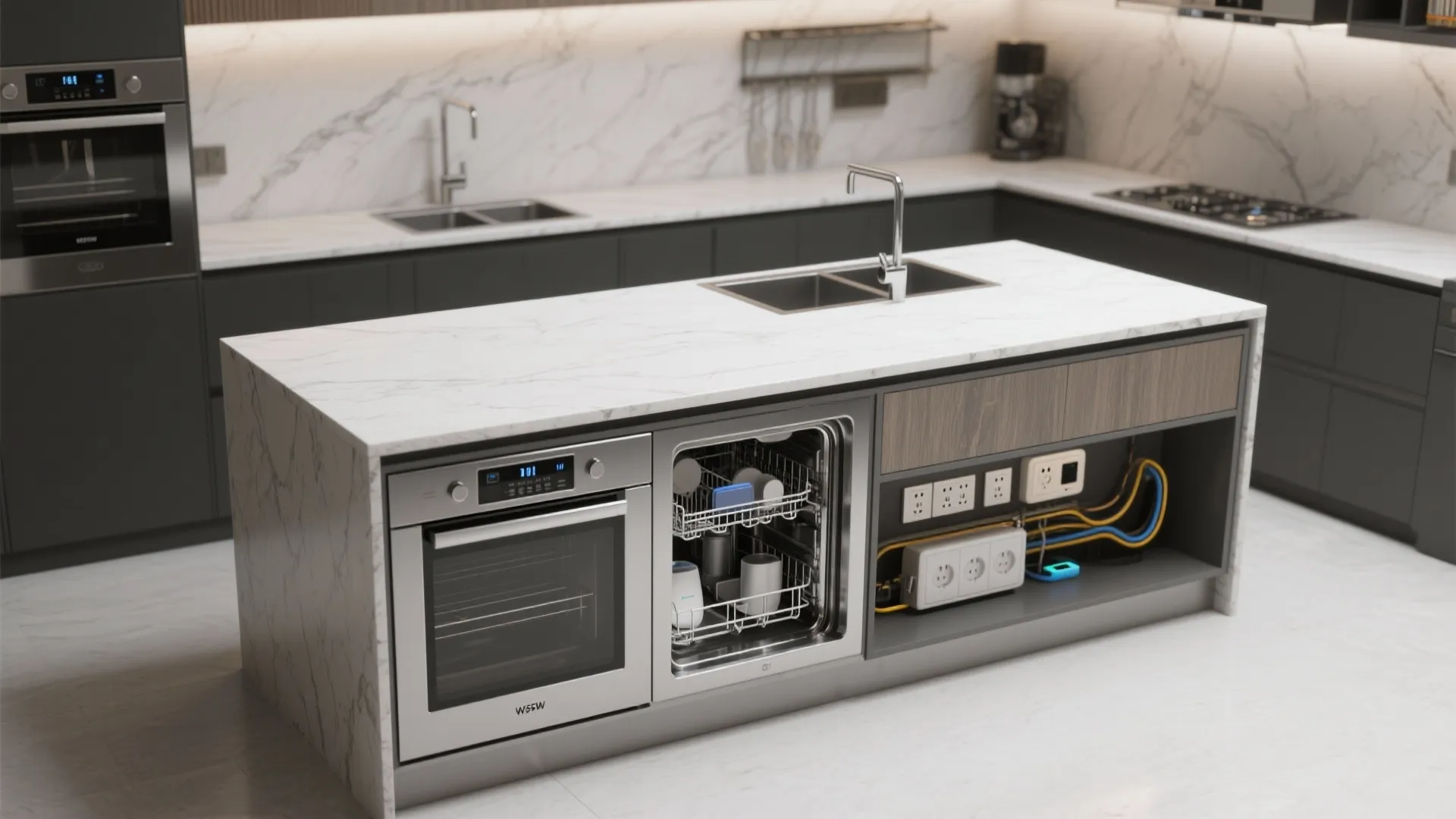 3. Workstation Island with Integrated Appliances