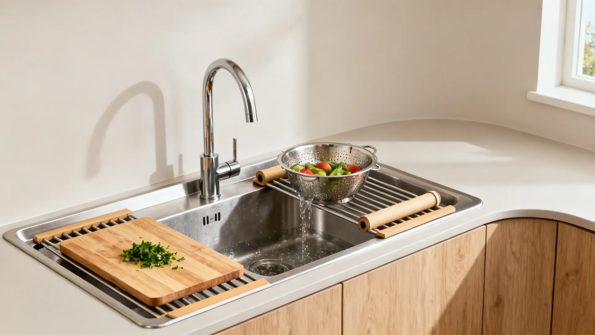 Stainless workstation sink with ledges holding a cutting board, colander, and roll-up rack in a compact kitchen.