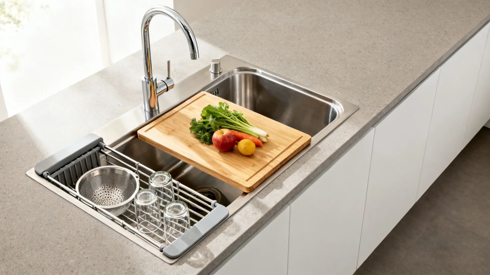 Workstation sink with bamboo board, mesh colander, and roll-up rack in a compact galley.