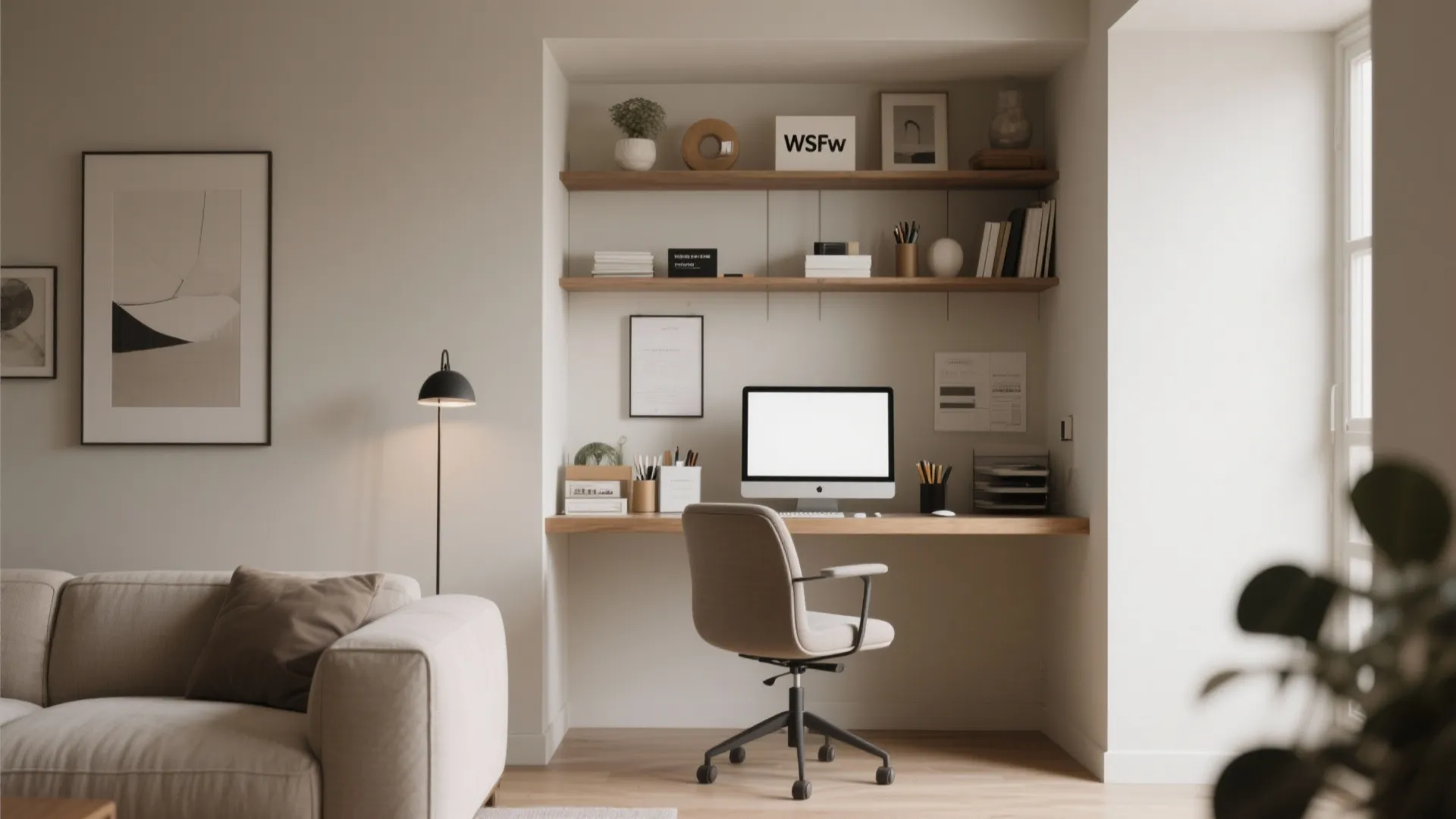 Compact workstation nook integrated into modern living room wall