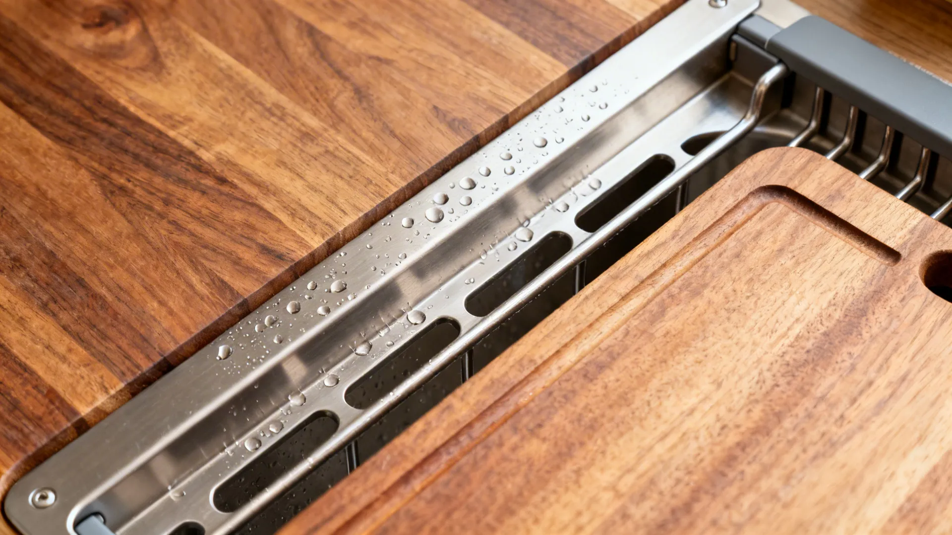 Overhead macro of a workstation sink with rails, cutting board, and drying rack showing precise detailing.