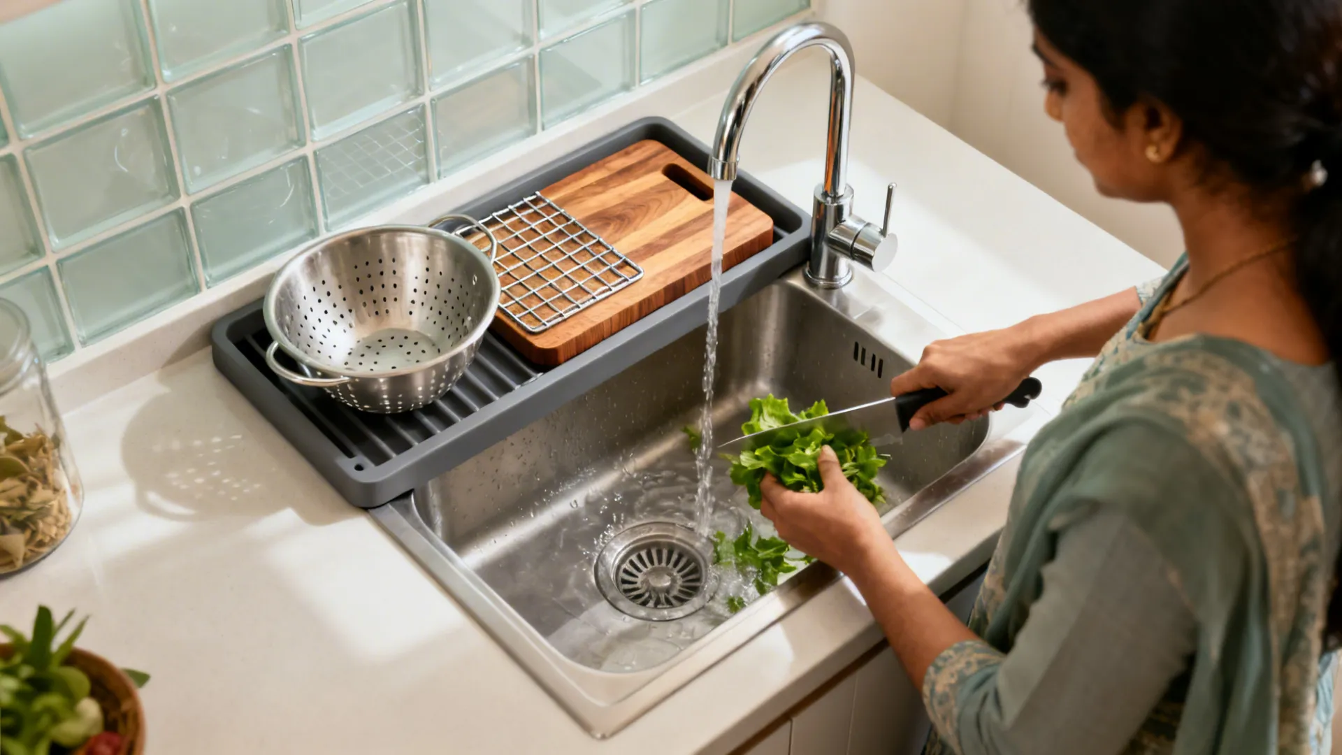Compact workstation sink with sliding colander, cutting board, and grid used for prep.
