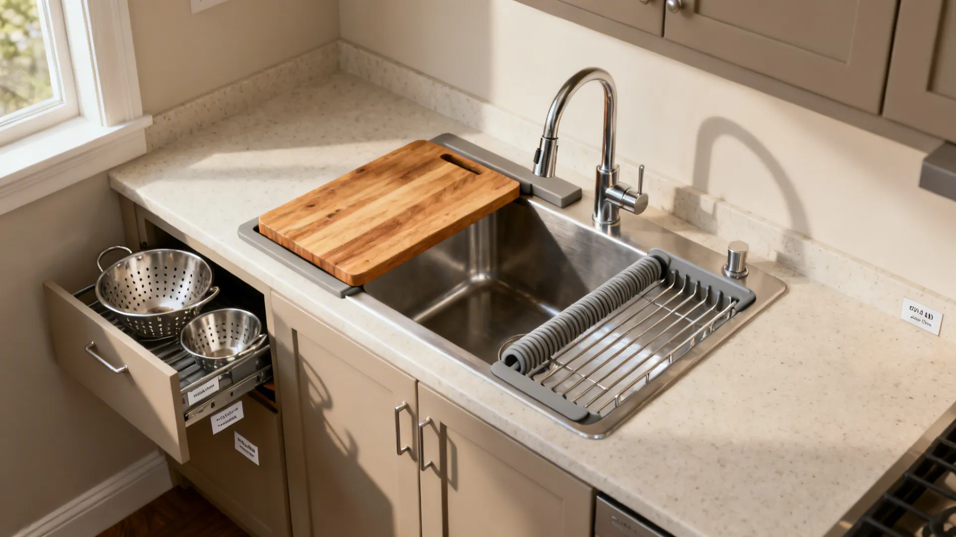 Small kitchen with a stainless workstation sink using sliding cutting board, colander, and roll-up rack.