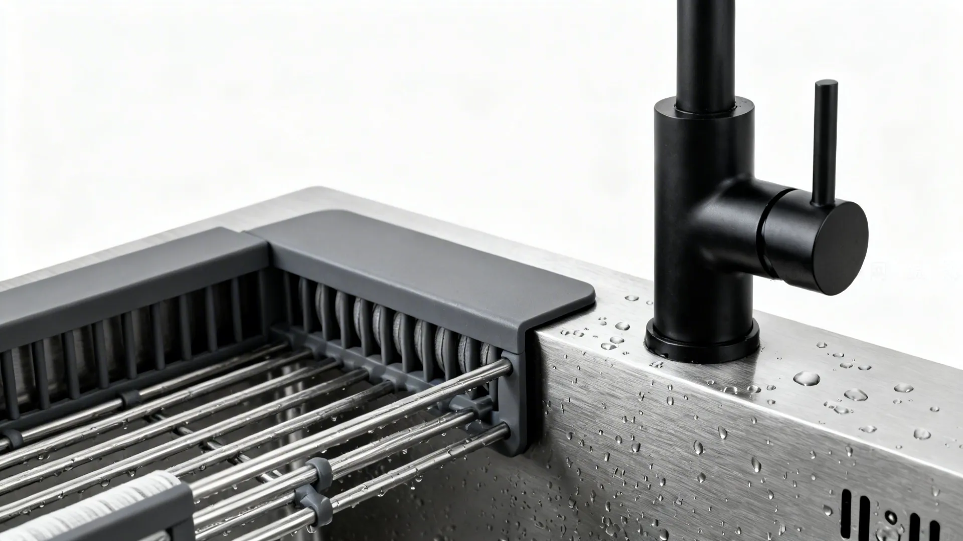 Macro of a compact workstation sink with roll-up rack and matte black faucet