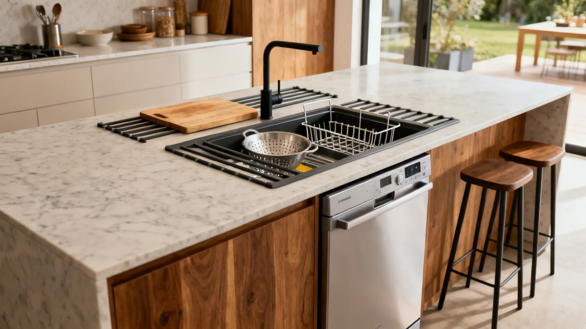 Compact island with a multifunction workstation sink and a panel-ready dishwasher beside it.