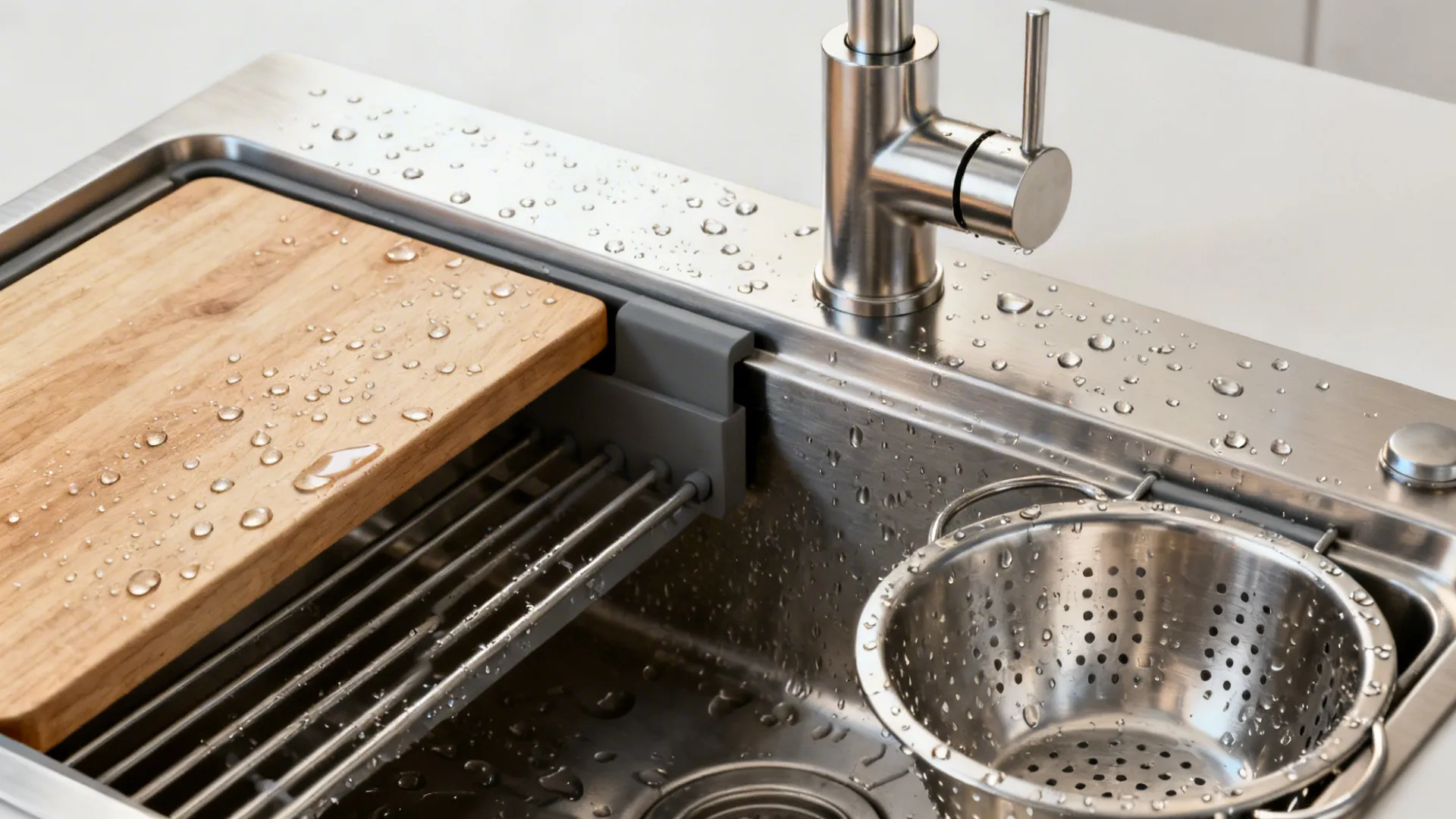 Macro of a workstation sink ledge with sliding accessories and a pull-down faucet.