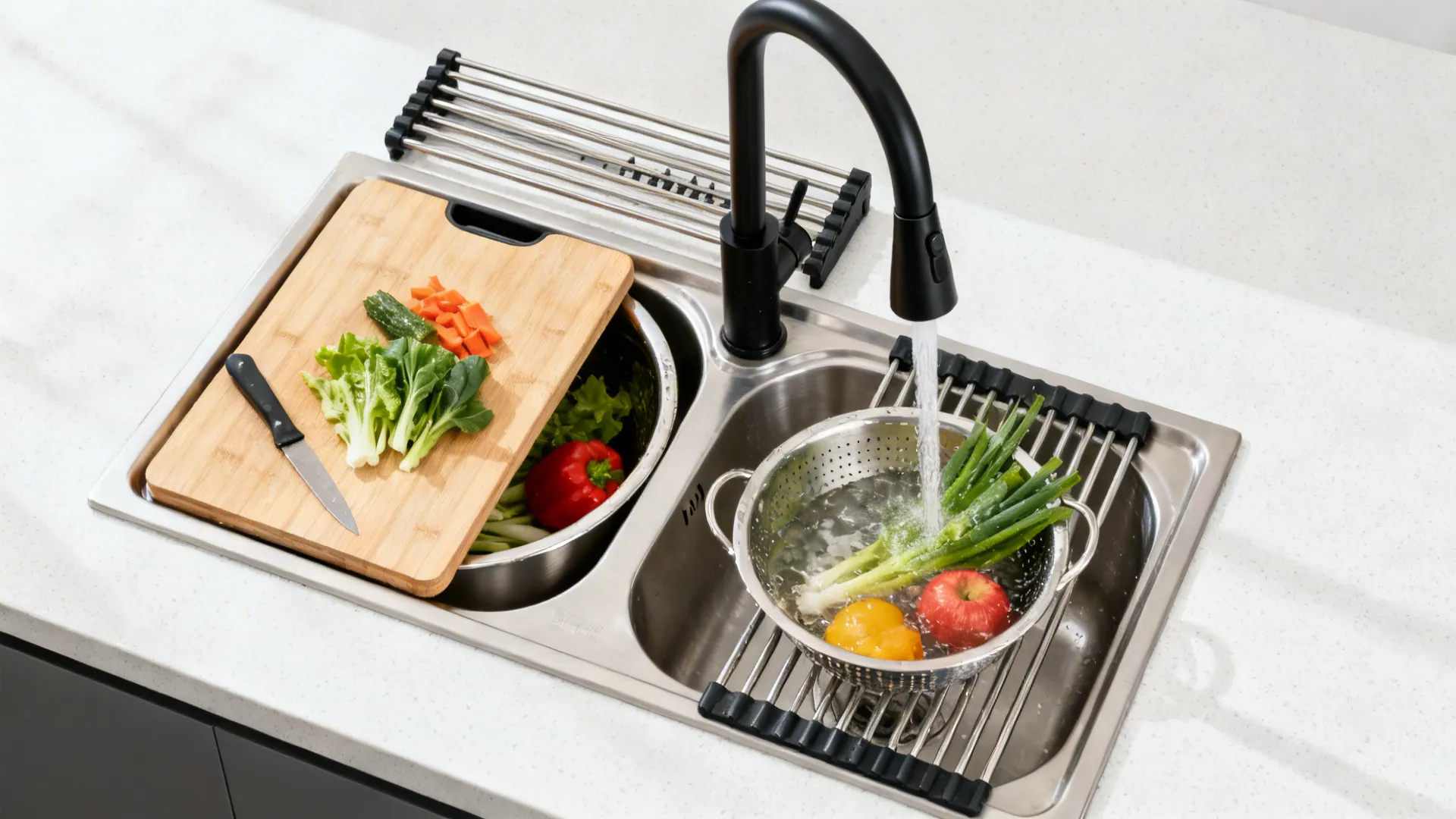 Top-down view of a workstation double sink with cutting board, colander, and roll-up rack in action.