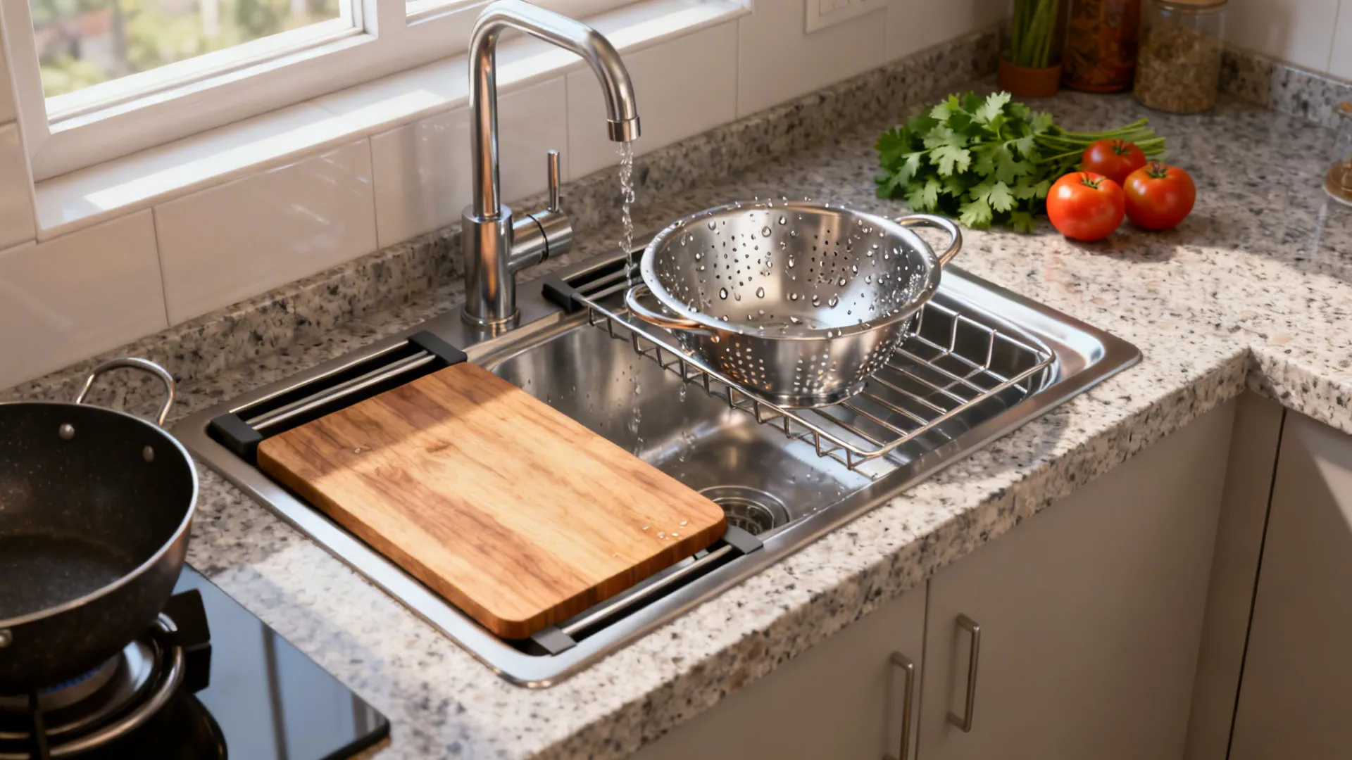 Compact workstation sink with sliding cutting board, colander, and drying rack over a deep stainless bowl.