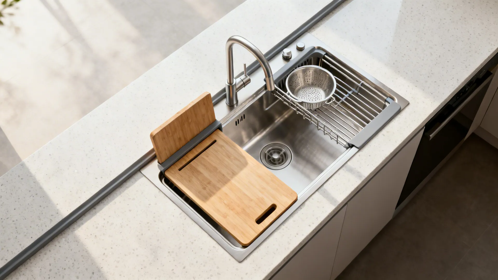 Top-down view of a workstation sink with sliding cutting board, colander, and drying rack over the basin.
