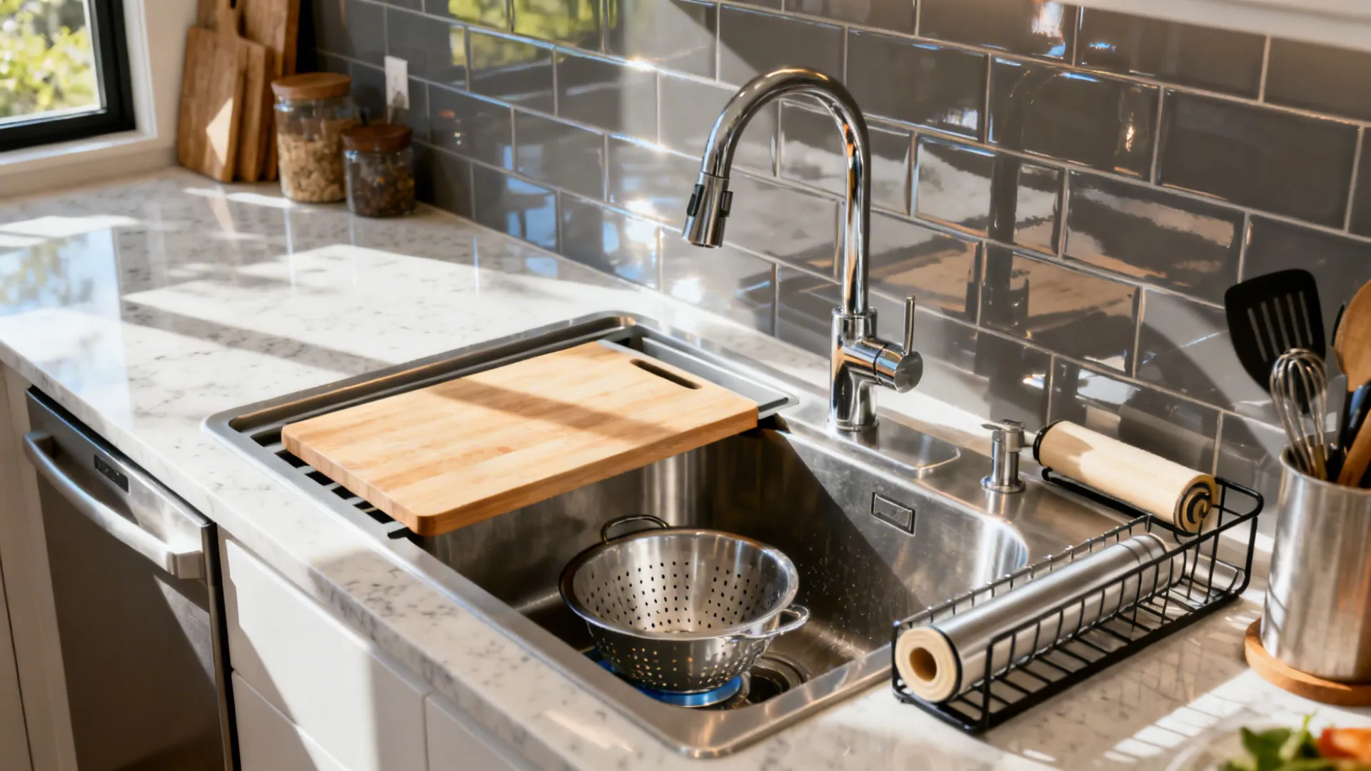Modern small kitchen with a stainless workstation sink and multi-level ledge accessories.