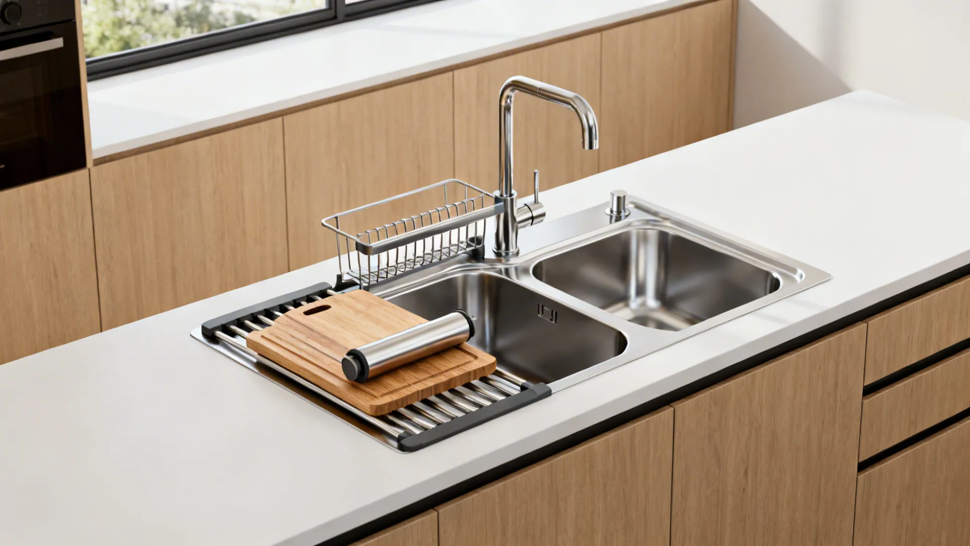 27-inch stainless workstation sink with roll-up rack and wood cutting board layered over the basin.