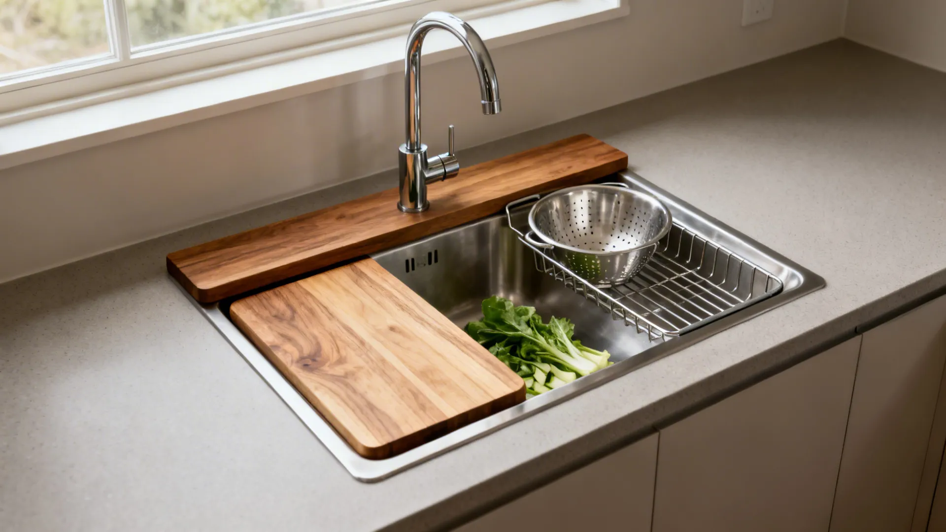 Stainless steel kitchen sink with wooden cutting board colander metal drying rack and fresh green vegetables