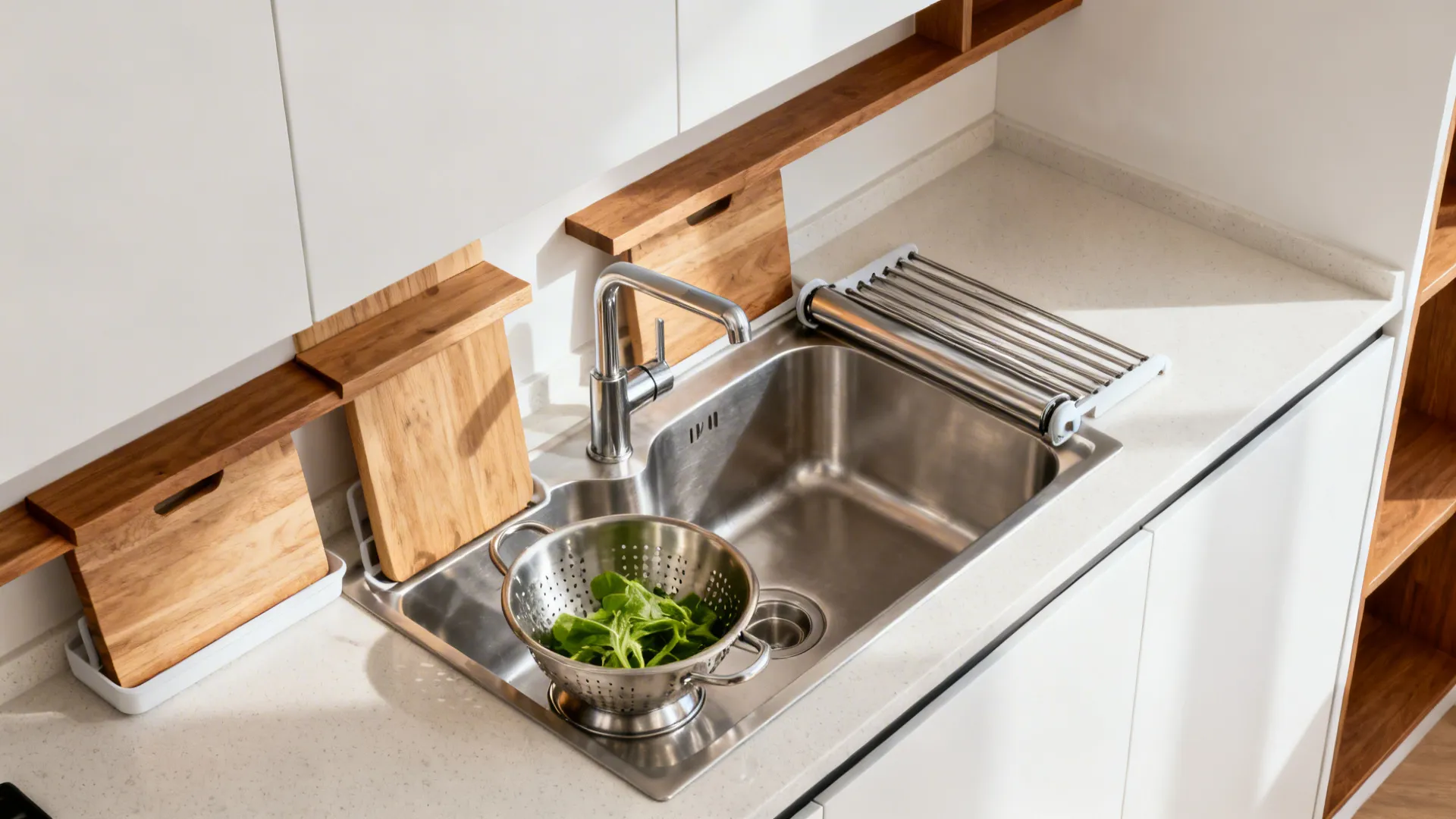 Integrated workstation sink with sliding cutting board, colander, and roll-up rack in a compact kitchen.