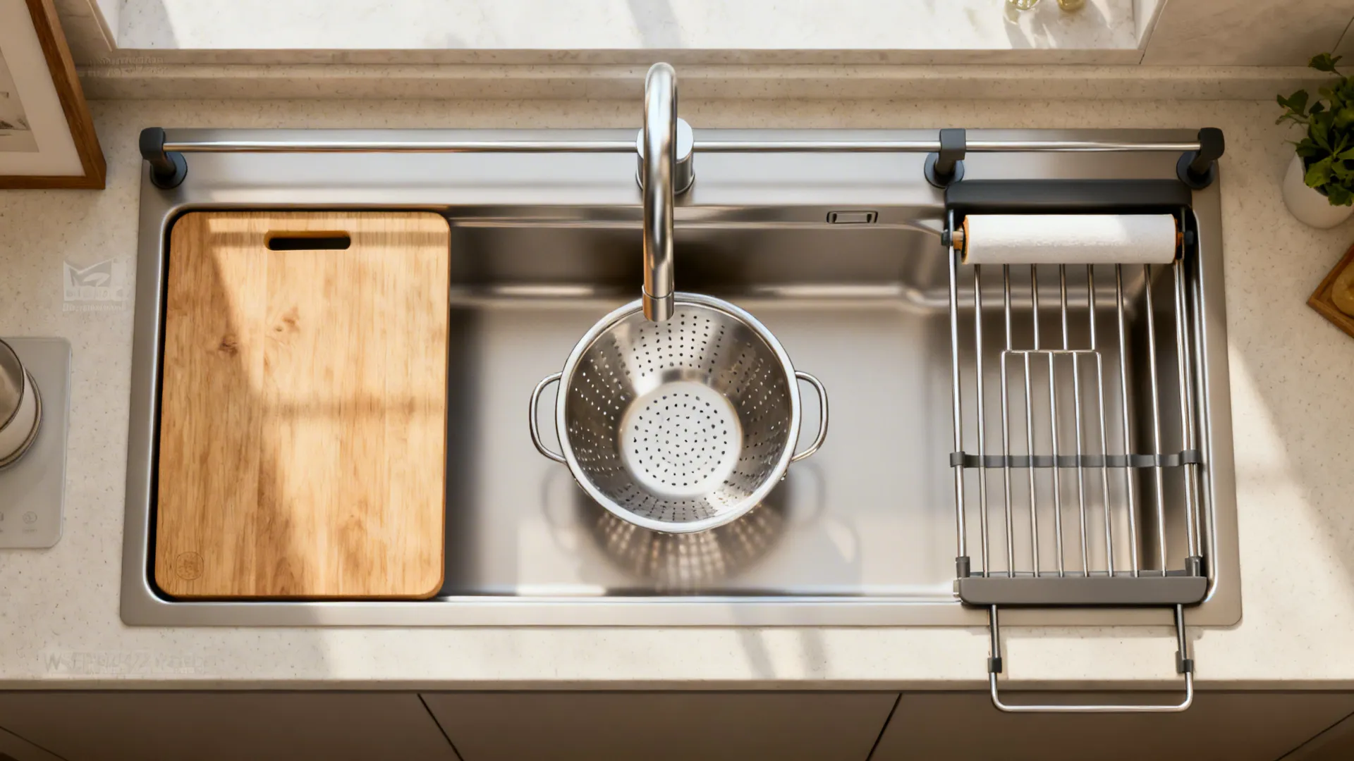 Workstation sink with accessories that slide (racks, boards, colanders)