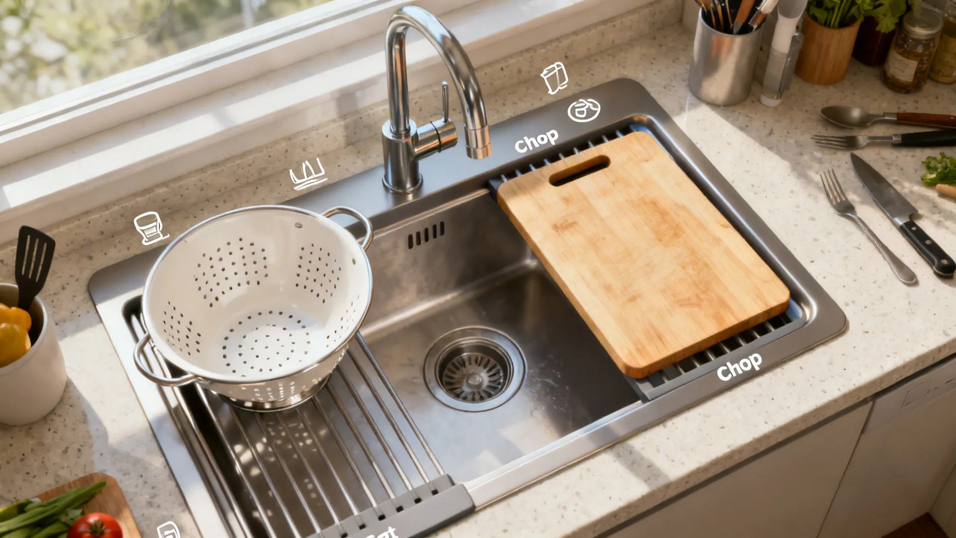 Top-down view of a workstation sink showing washing, chopping, and draining on ledges.