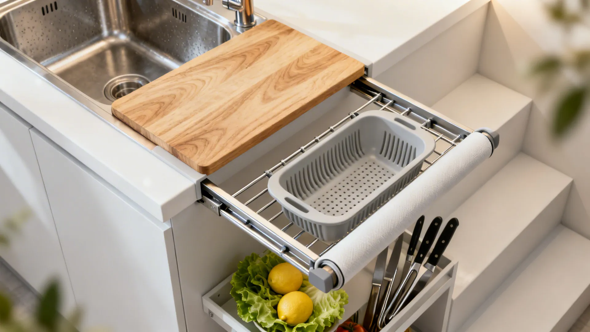 Top-down view showing workstation sink accessories arranged for staged prep.