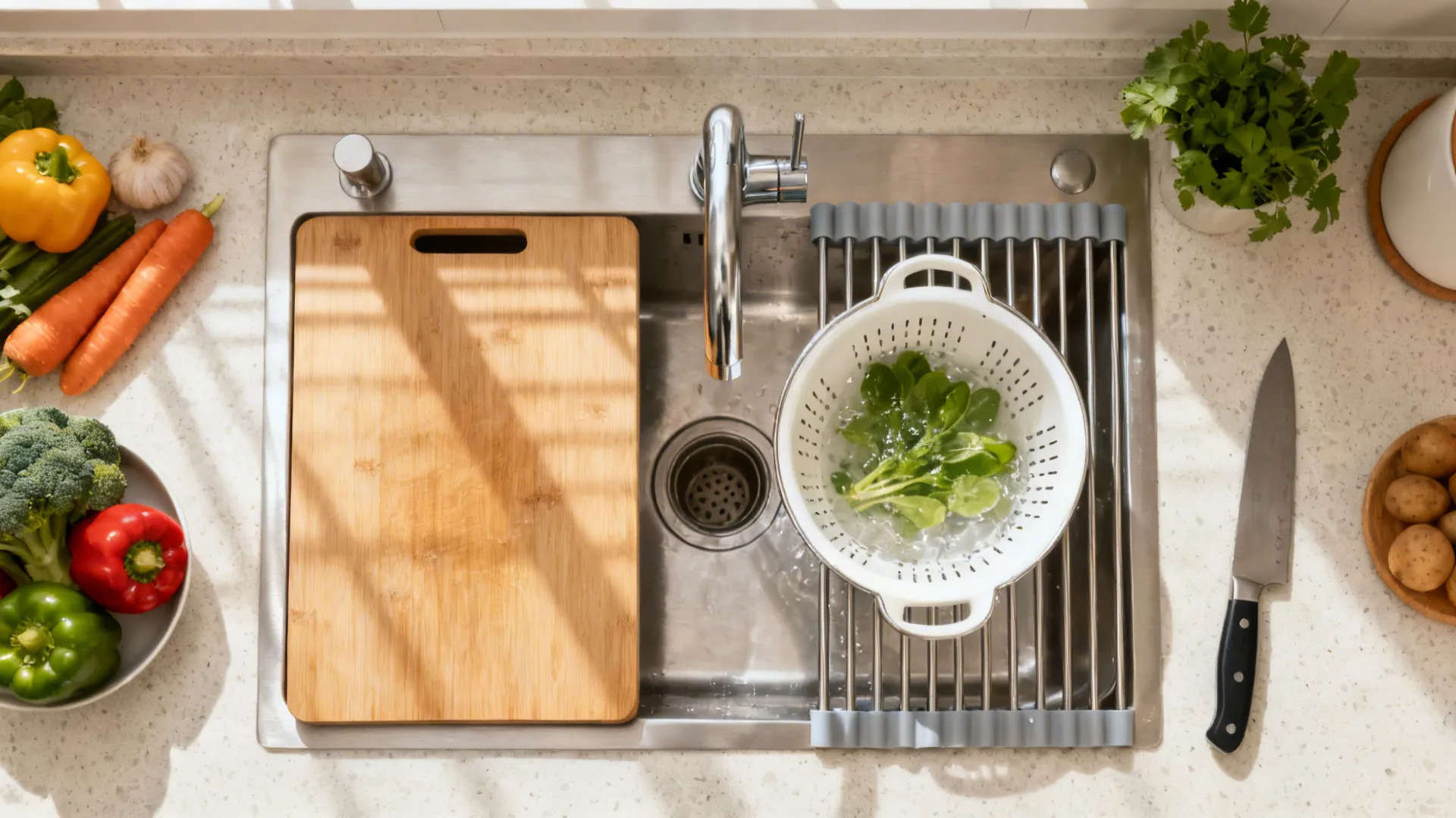 Top-down view of a workstation sink showing board, colander, and drying rack steps.
